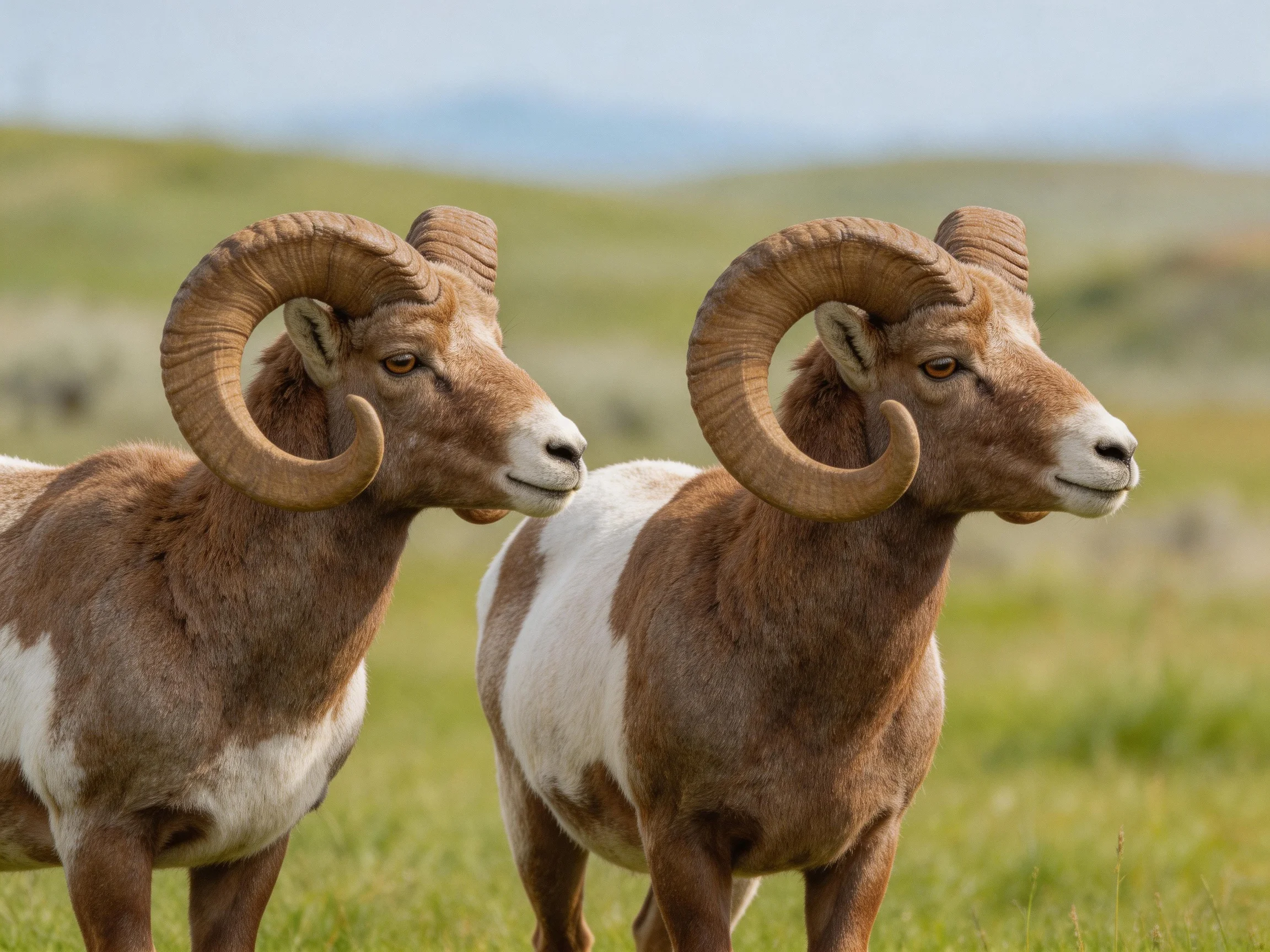 Two bighorn sheep with large curved horns in a grassy field