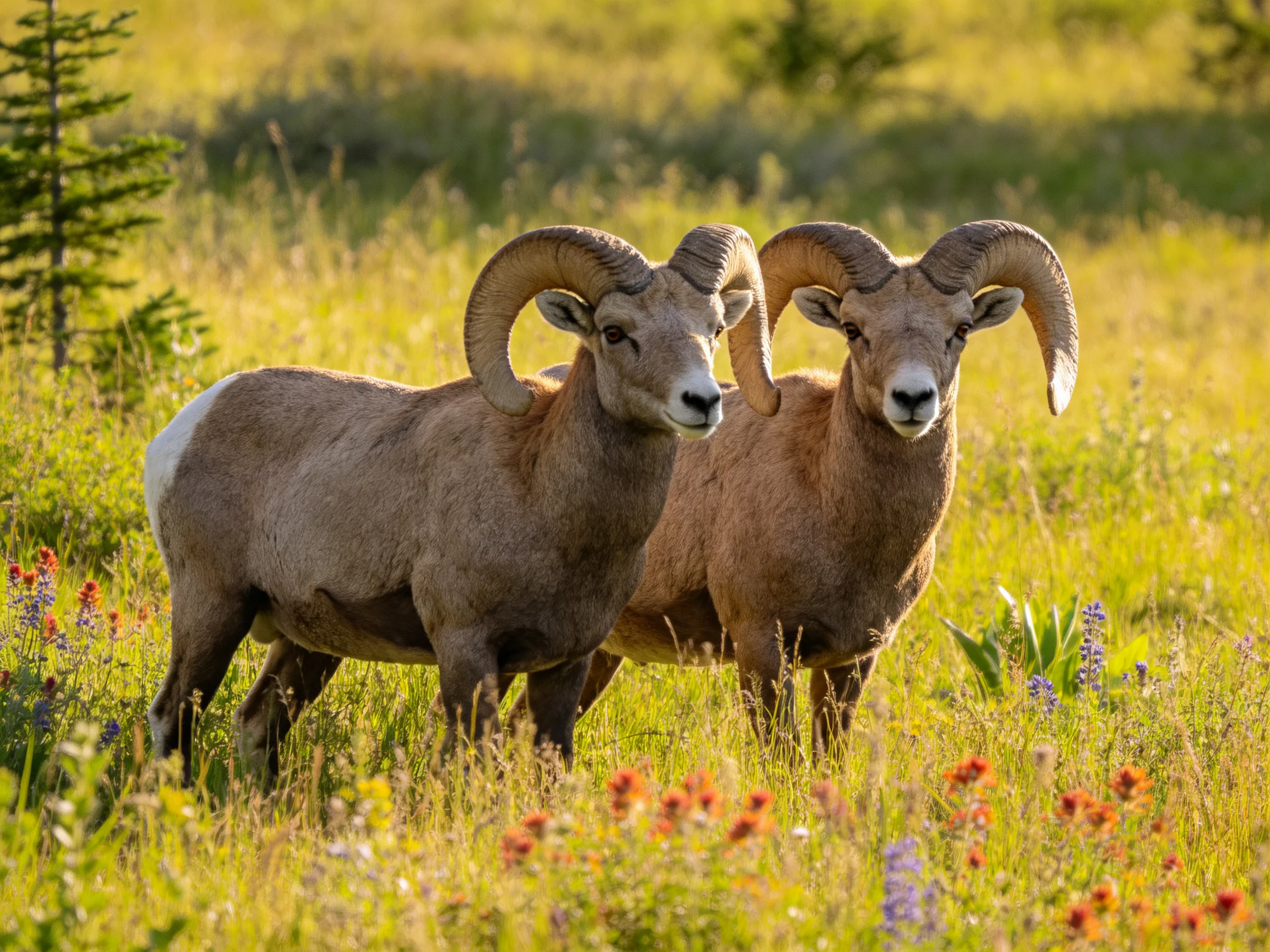 Two bighorn sheep with large curved horns in a sunlit meadow