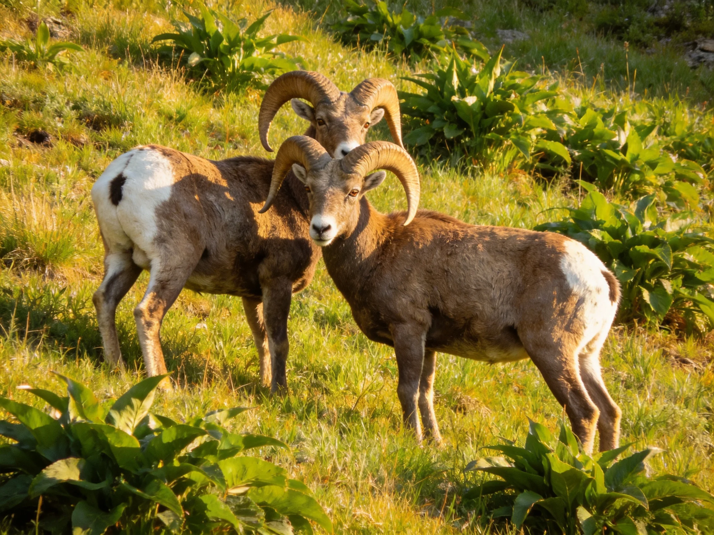 Two bighorn sheep with large curved horns in lush green terrain