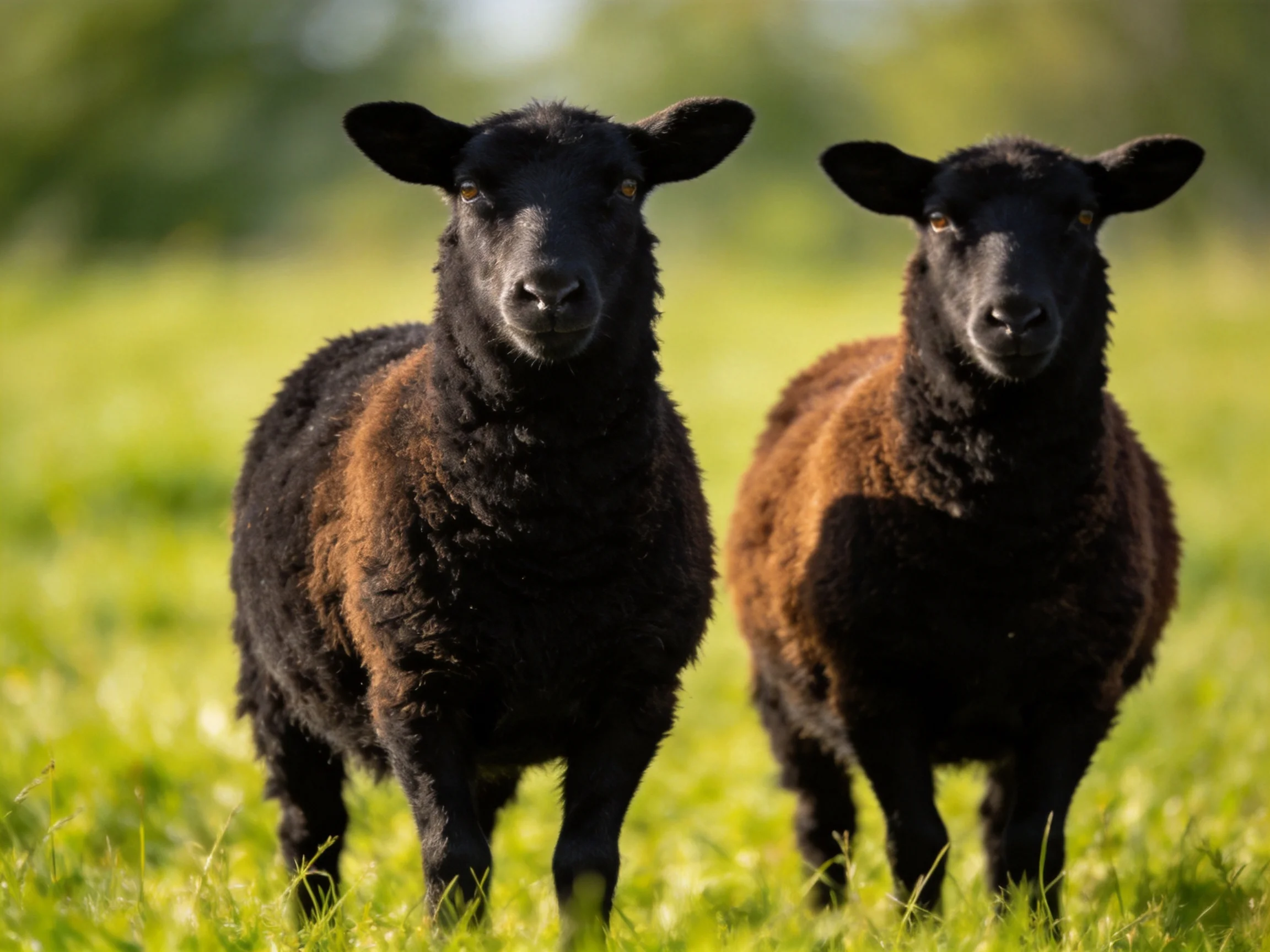 Two black and brown sheep in a sunlit green meadow