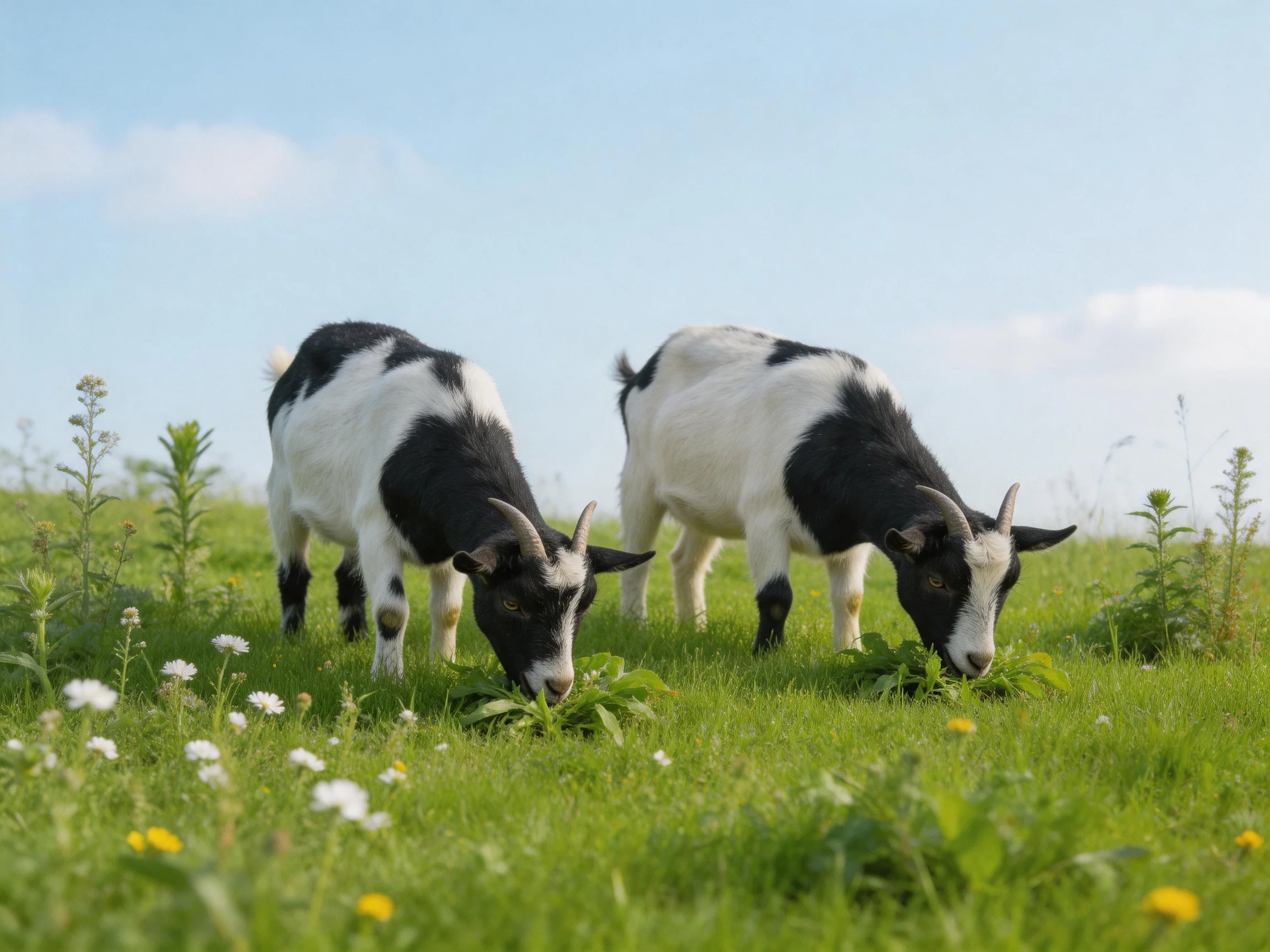 Two black - and - white goats graze in a lush green meadow