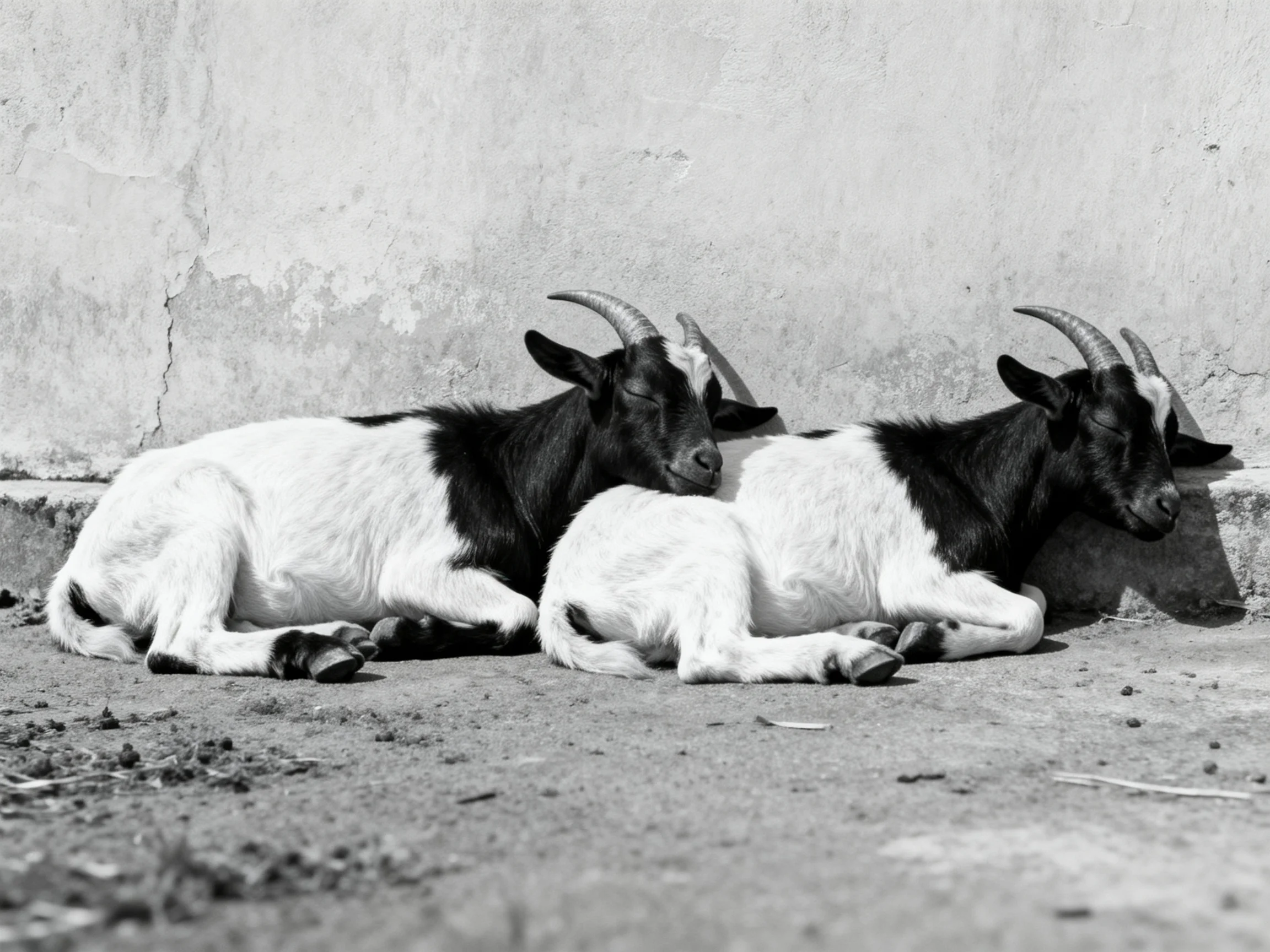 Two black - and - white goats rest against a weathered concrete wall