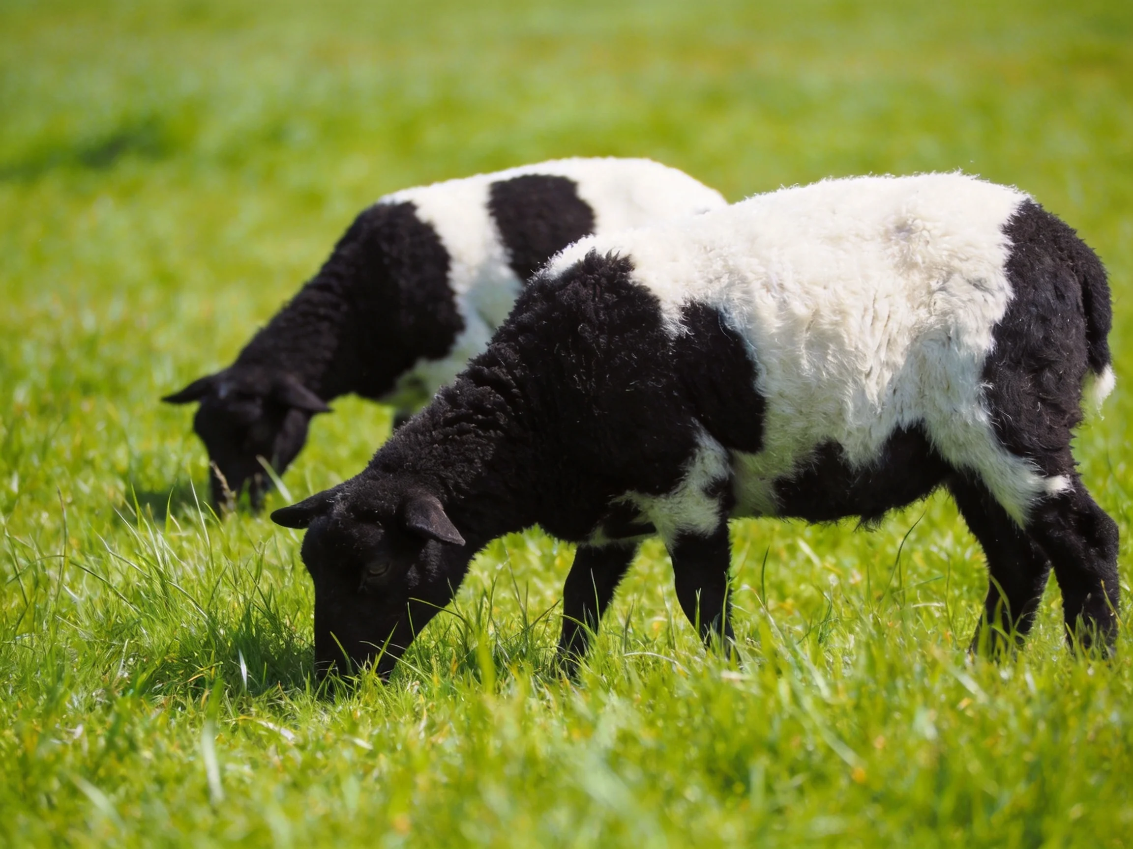 Two black-and-white lambs graze in a sunlit green pasture