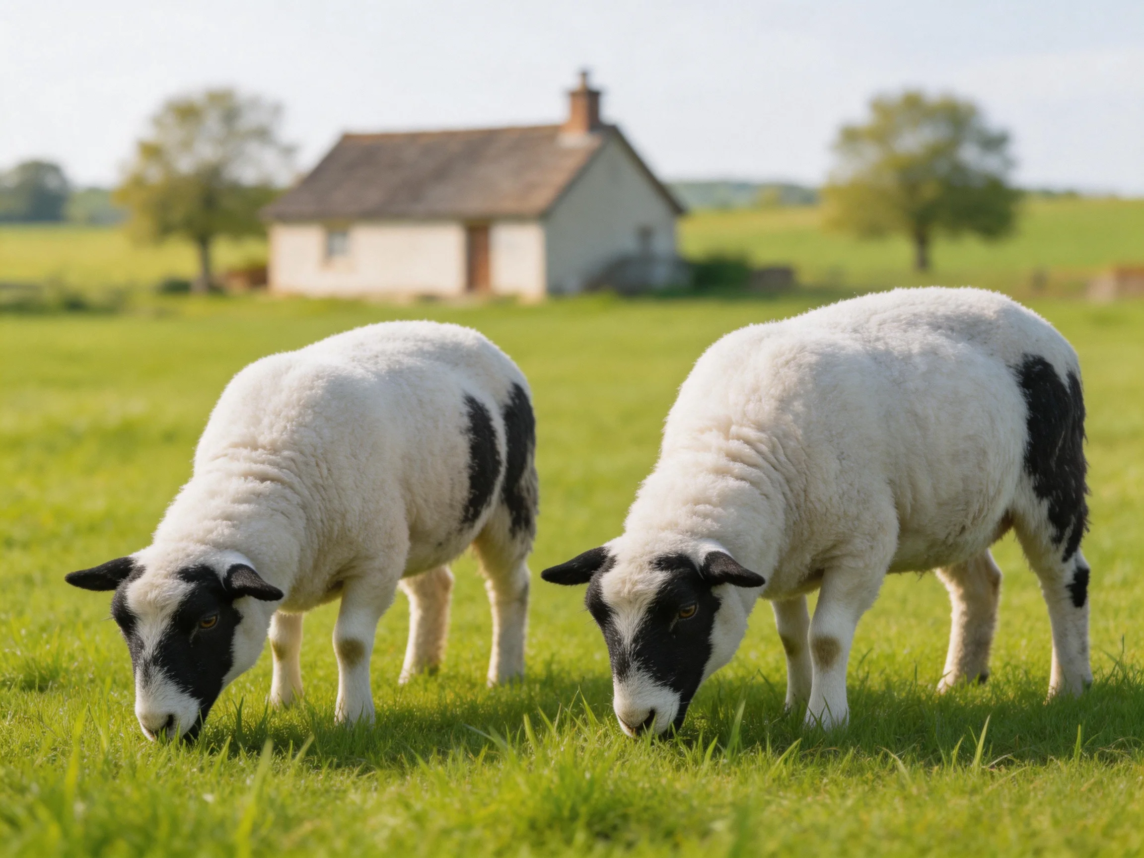 Two black-and-white lambs graze in a sunlit green pasture near a rural cottage.