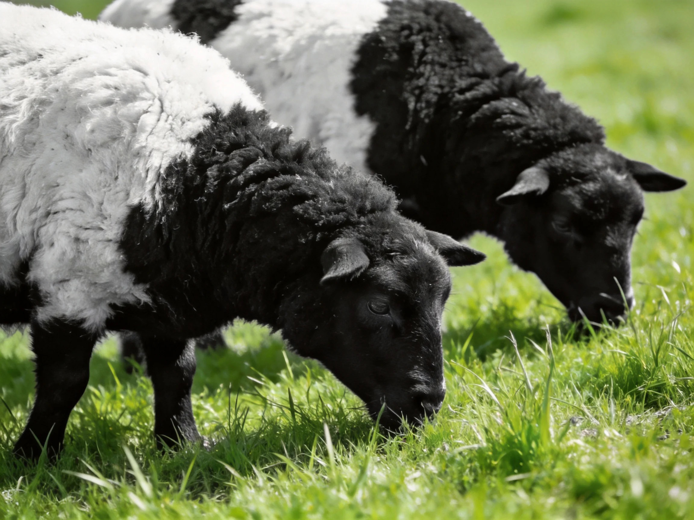 Two black-and-white lambs graze in a verdant pasture