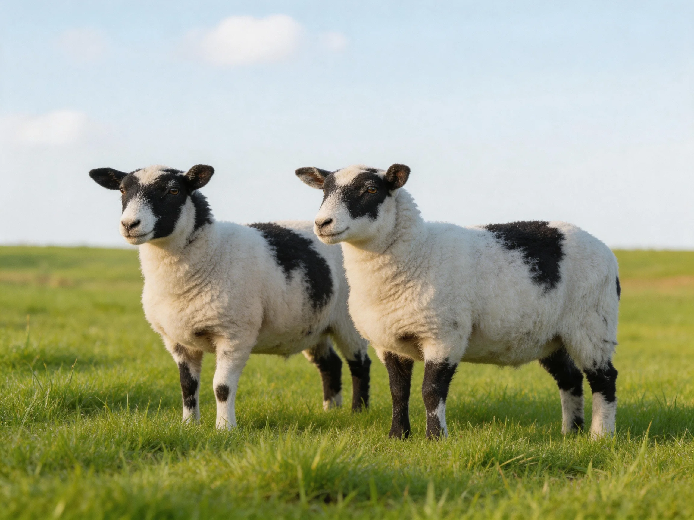 Two black-and-white lambs in a green pasture