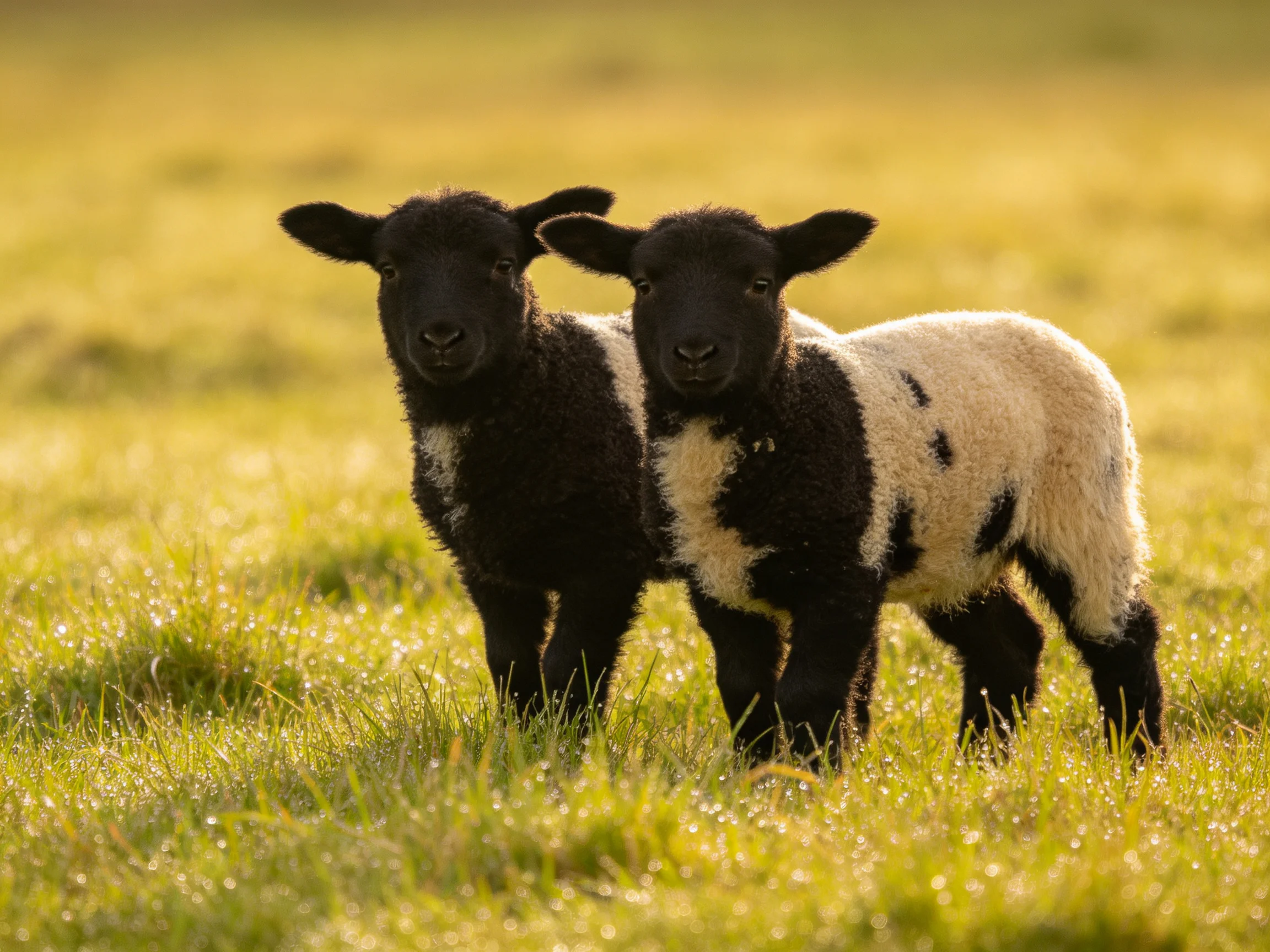 Two black-and-white lambs in a sun-drenched green pasture
