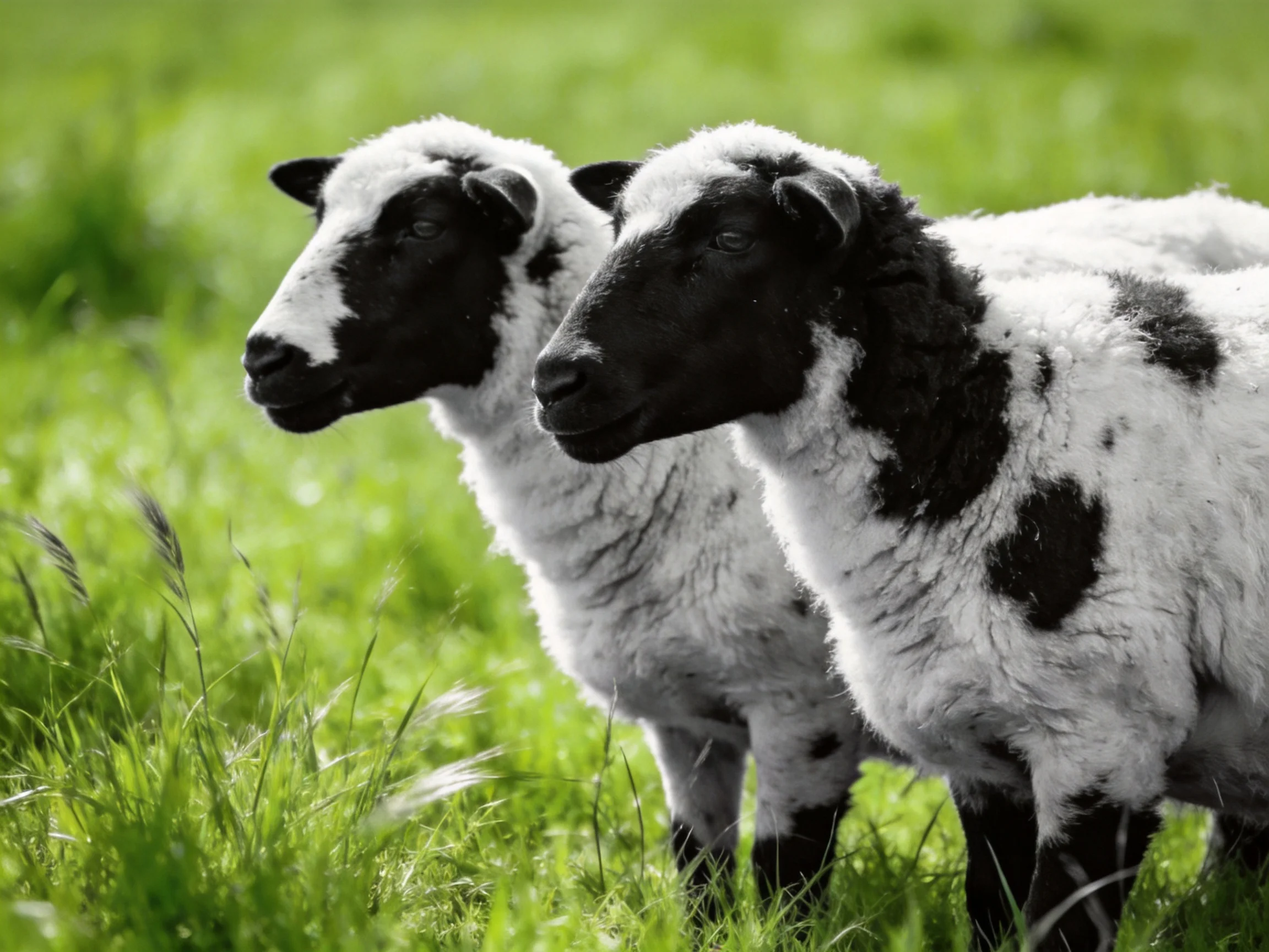 Two black-and-white lambs in a sunlit grassy field