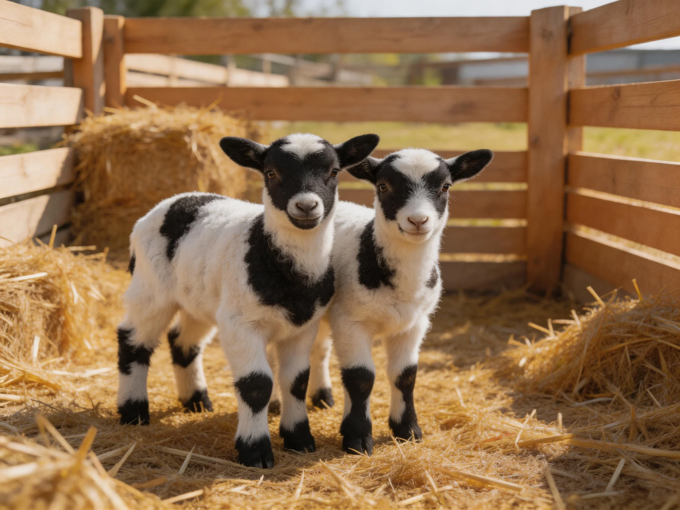 Two black - and - white lambs in a wooden enclosure with golden hay