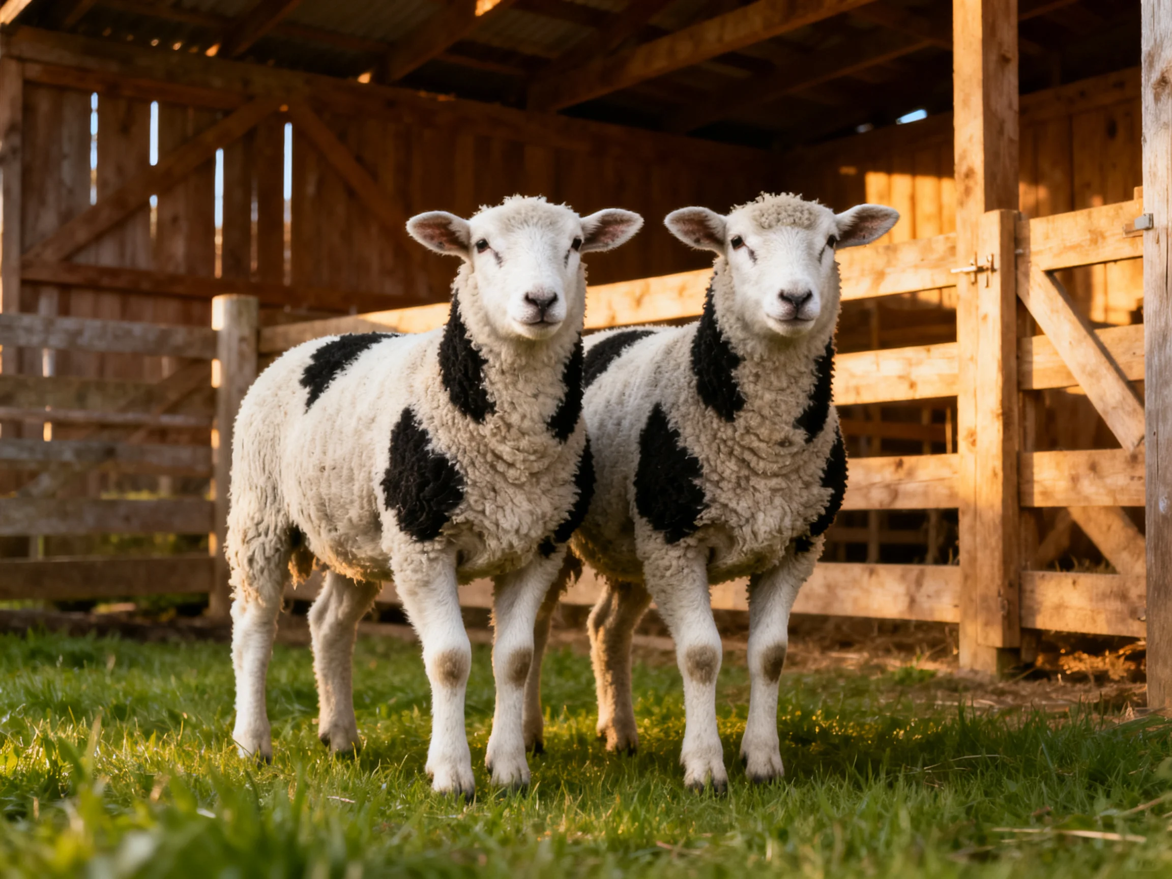 Two black-and-white lambs stand near a rustic wooden barn structure.