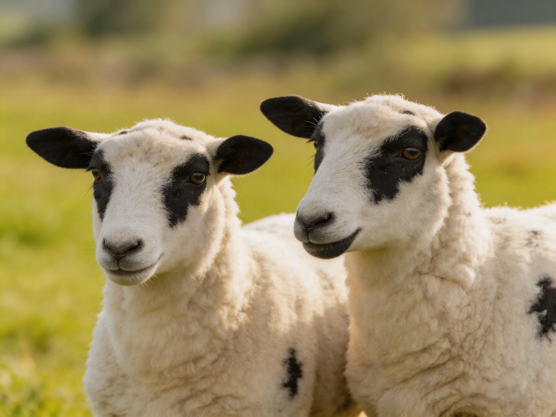 Two black-and-white lambs stand together in a sunlit field.