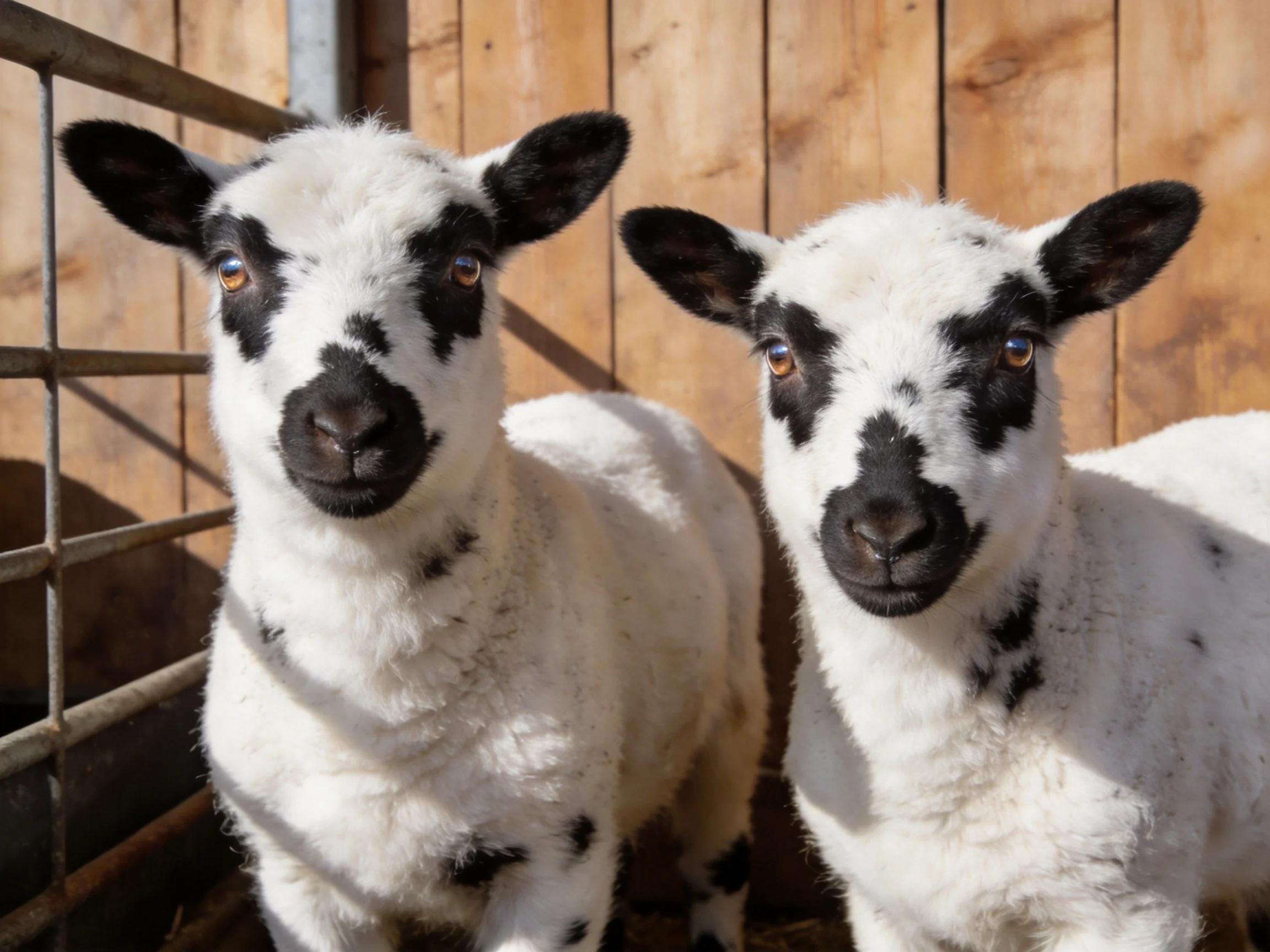 Two black - and - white lambs near wooden fencing