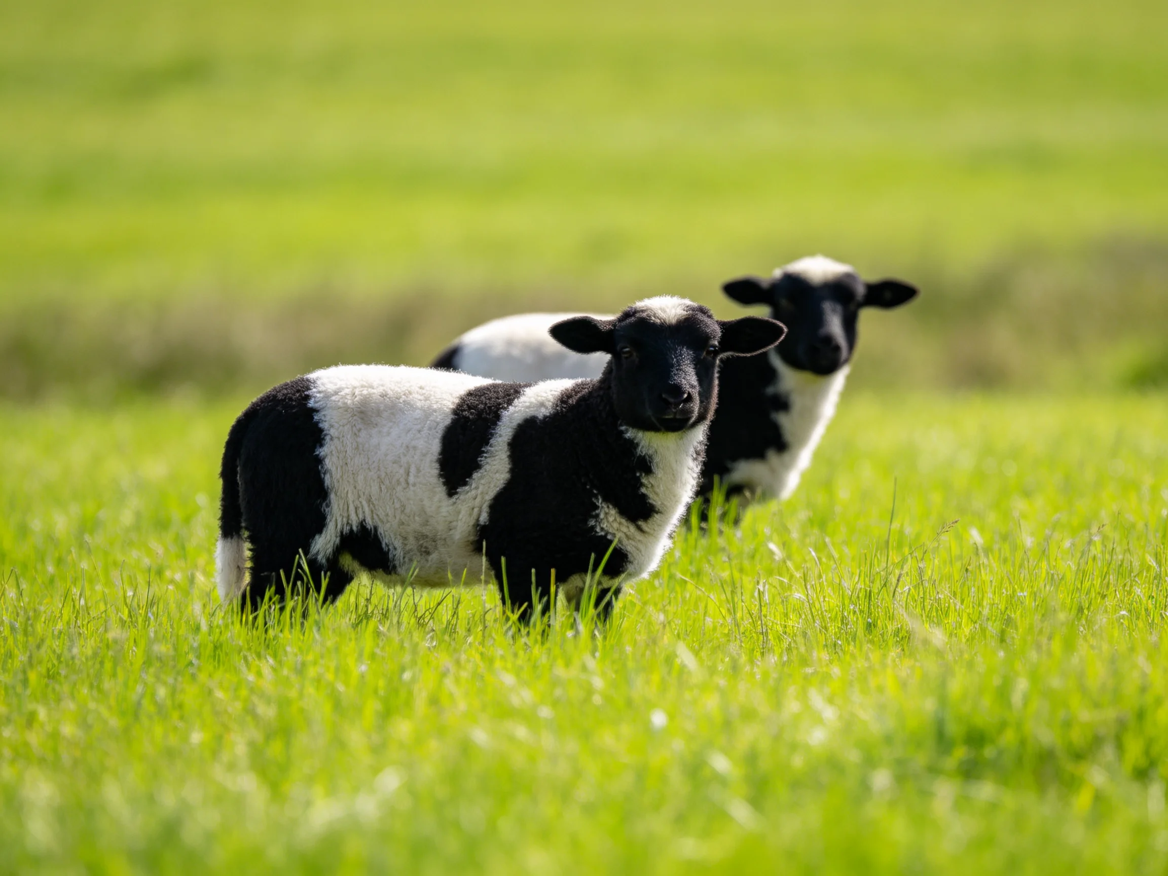 Two black - and - white lambs stand in a lush green meadow
