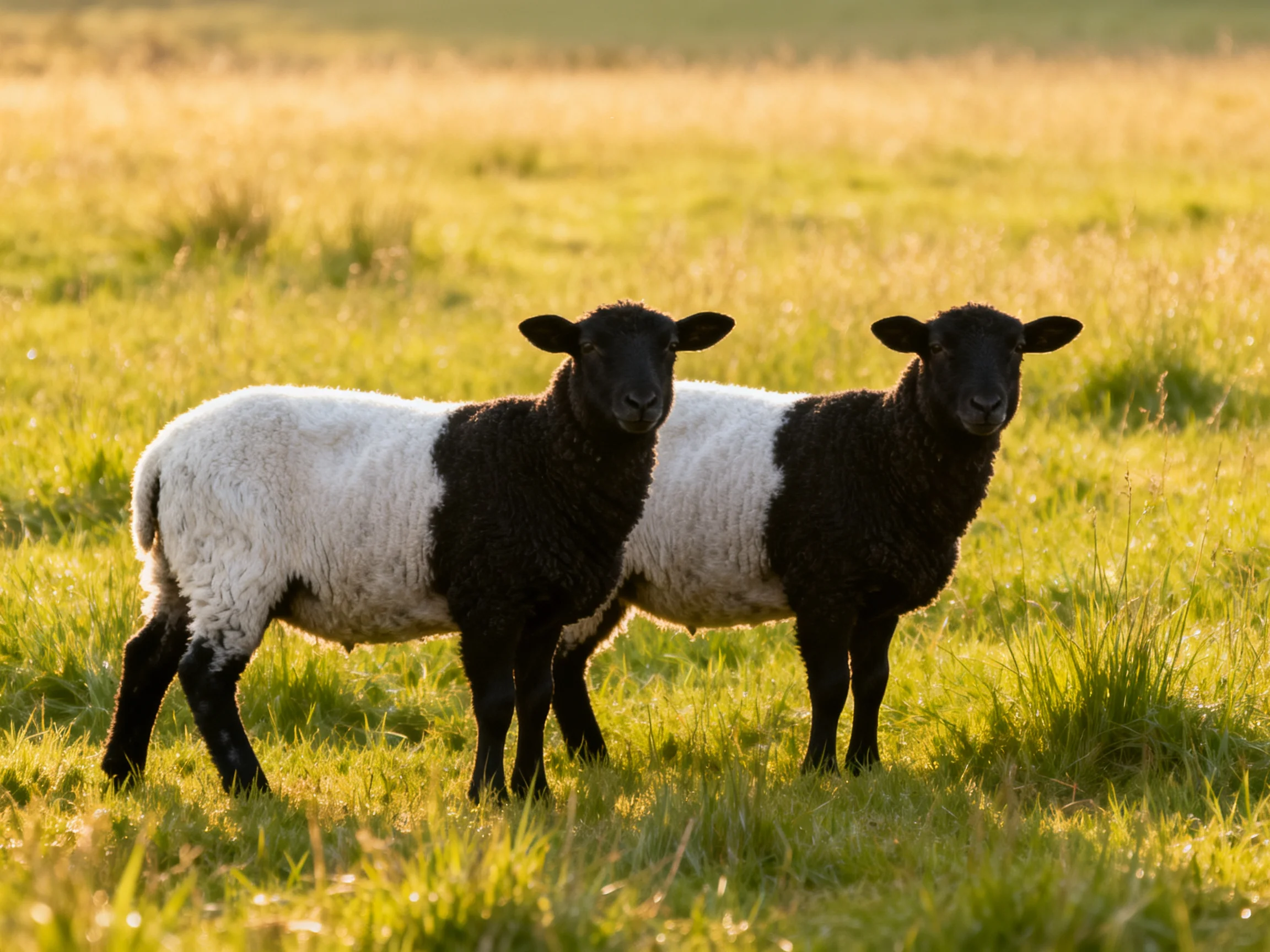 Two black-and-white lambs stand in a sunlit green pasture
