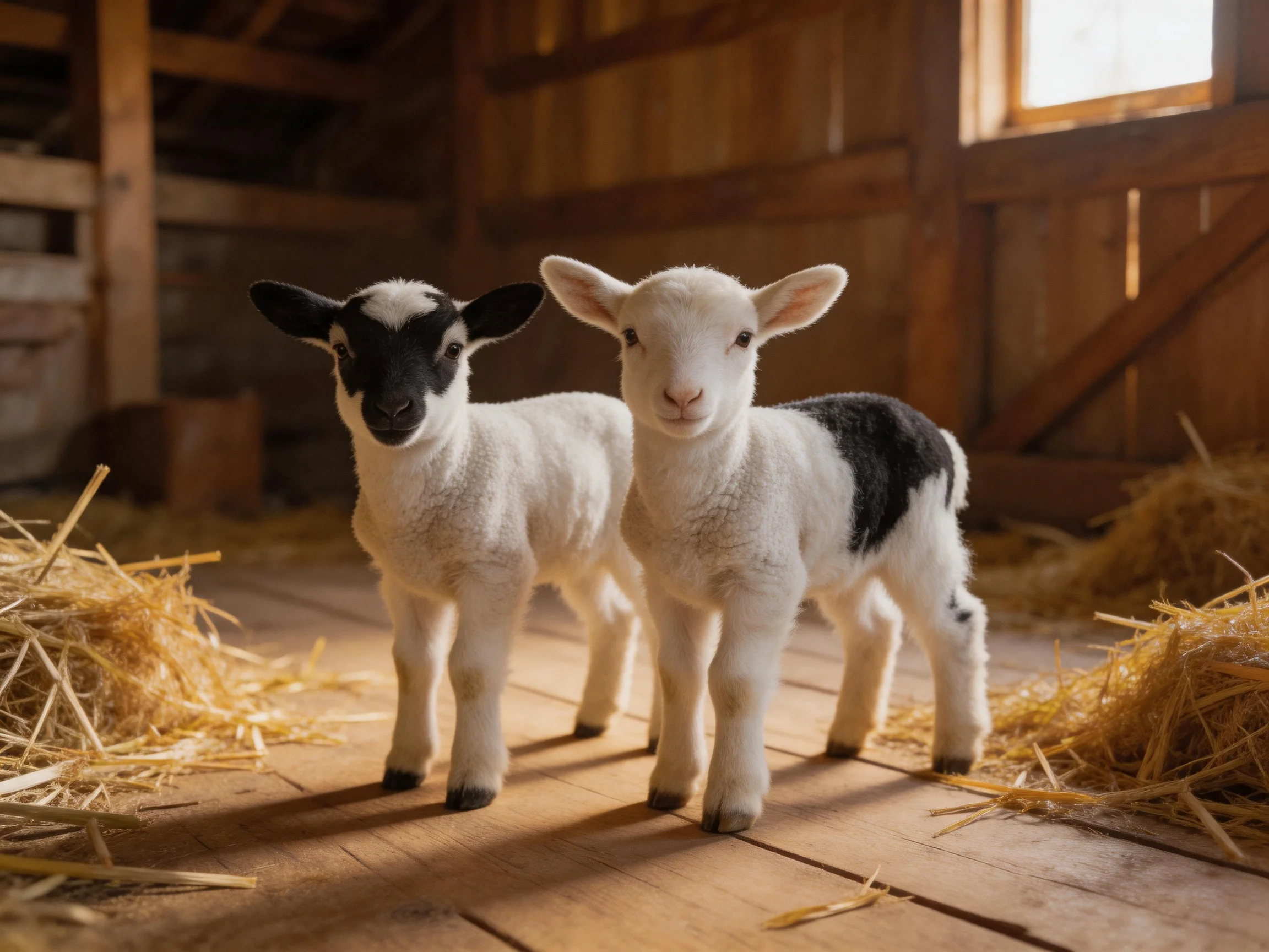Two black-and-white lambs stand in a wooden barn with straw piles