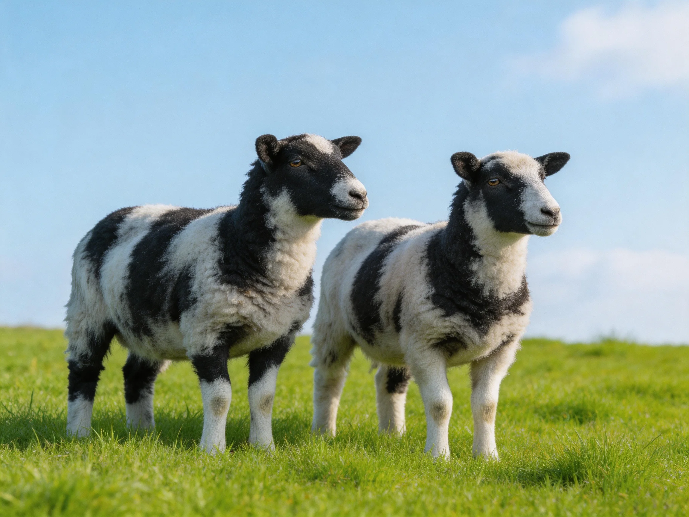 Two black-and-white lambs stand on lush green grass under a clear blue sky