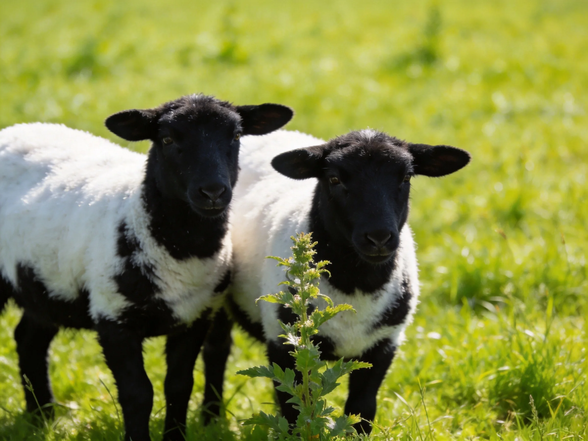 Two black - and - white lambs standing in a lush green meadow