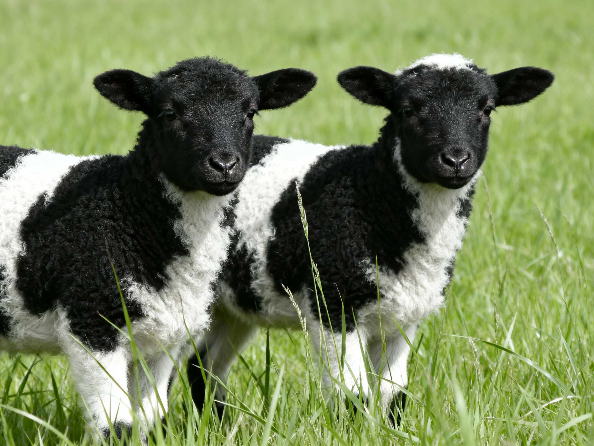 Two black-and-white lambs standing in lush green grass