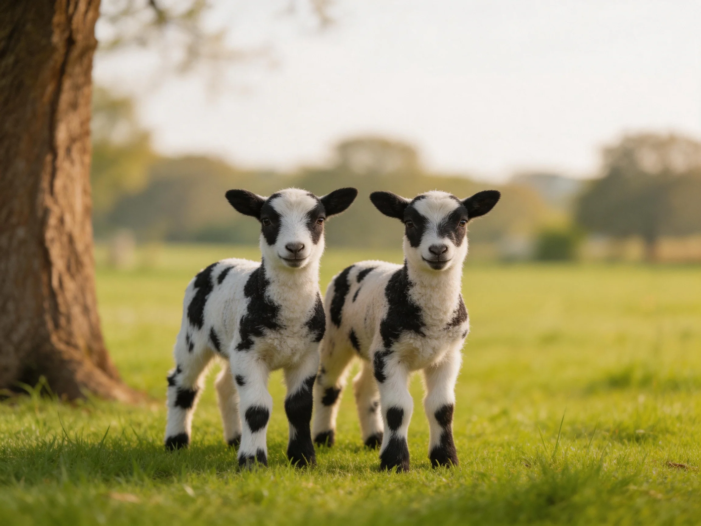 Two black - and - white lambs standing near a large tree in a green meadow