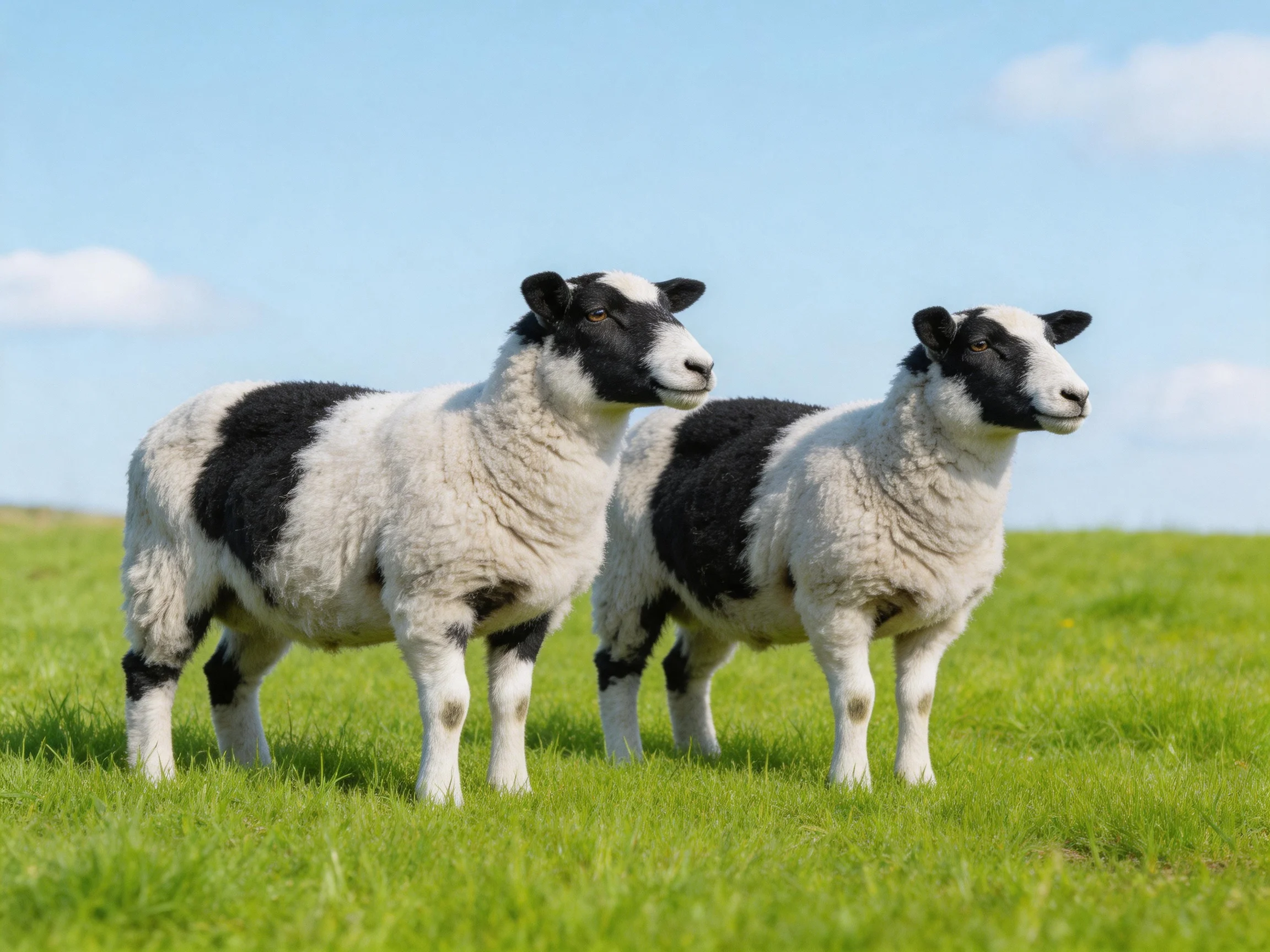 Two black - and - white lambs standing on a lush green meadow