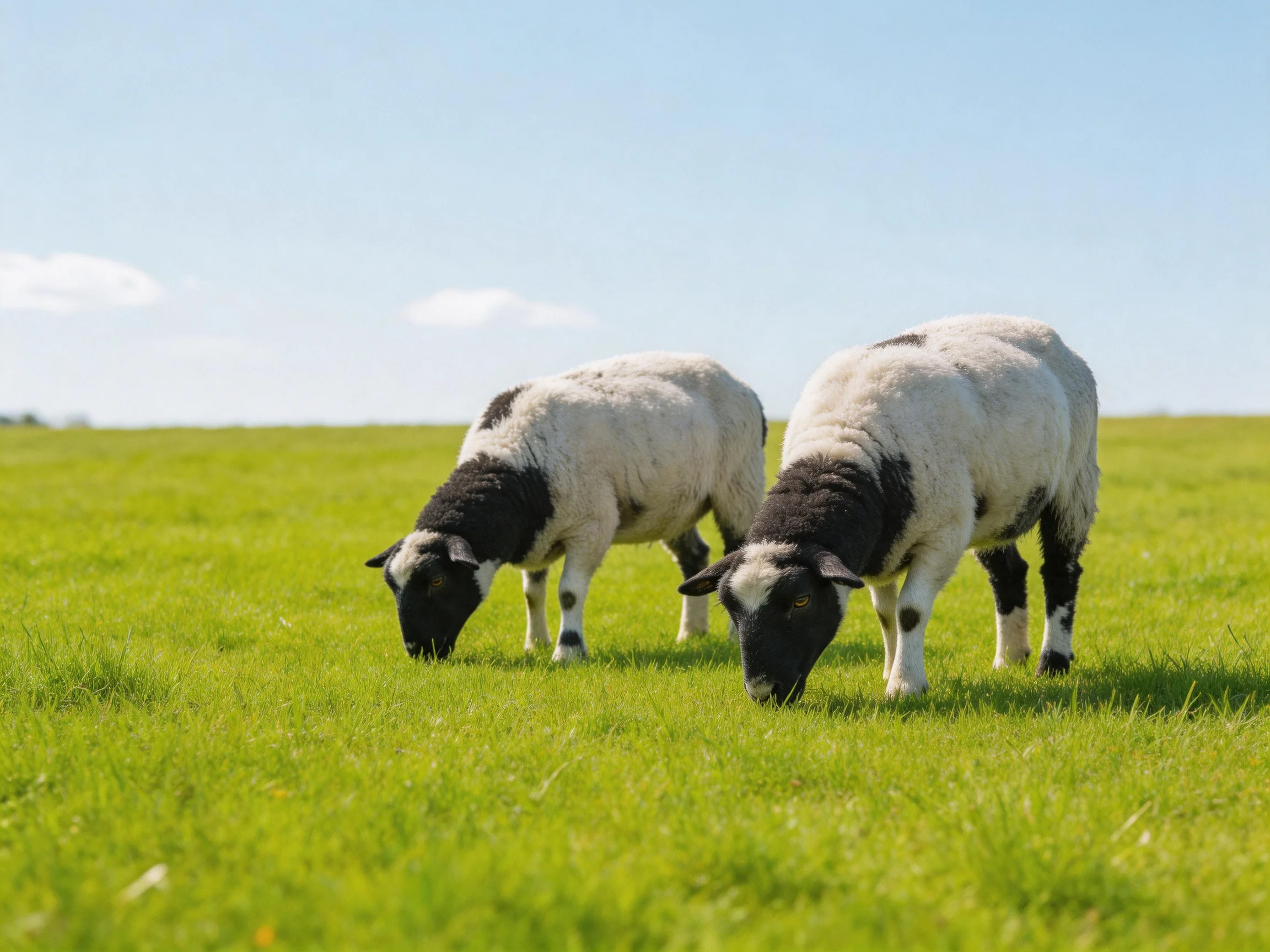 Two black-and-white sheep graze in a lush green meadow under clear blue sky
