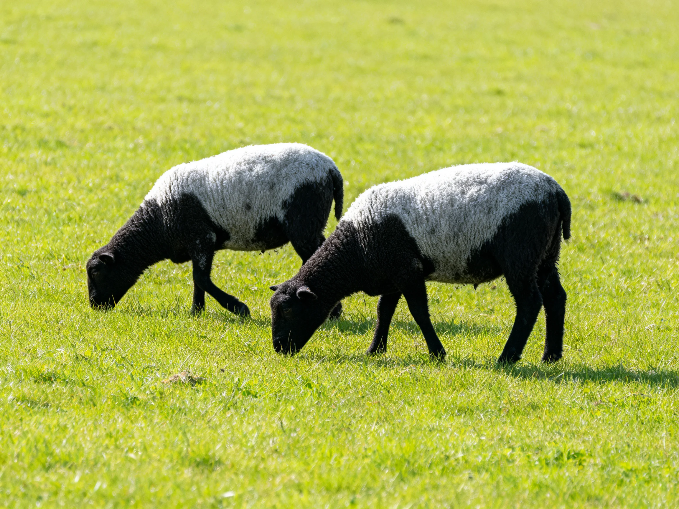 Two black-and-white sheep graze in a lush green pasture