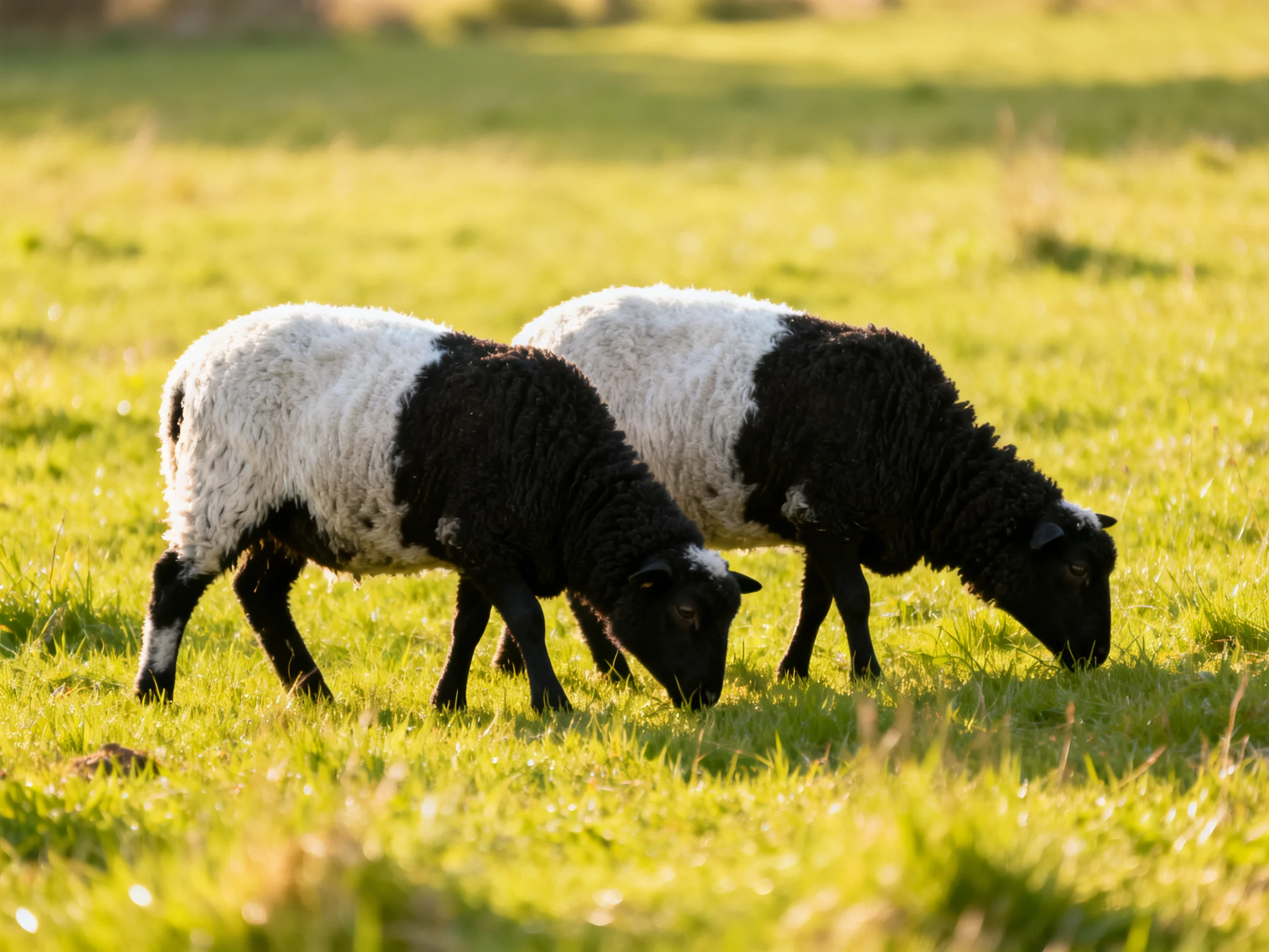 Two black-and-white sheep graze in a sunlit green pasture