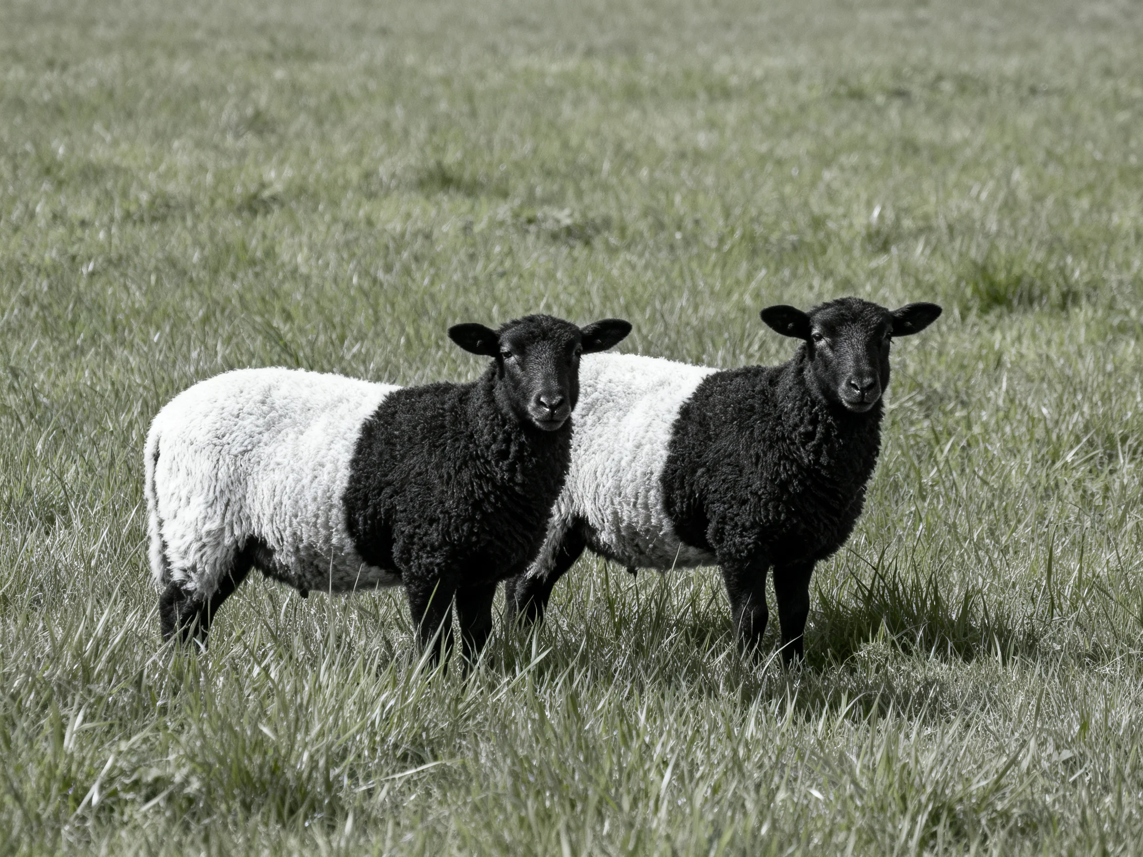 Two black-and-white sheep in a grassy meadow