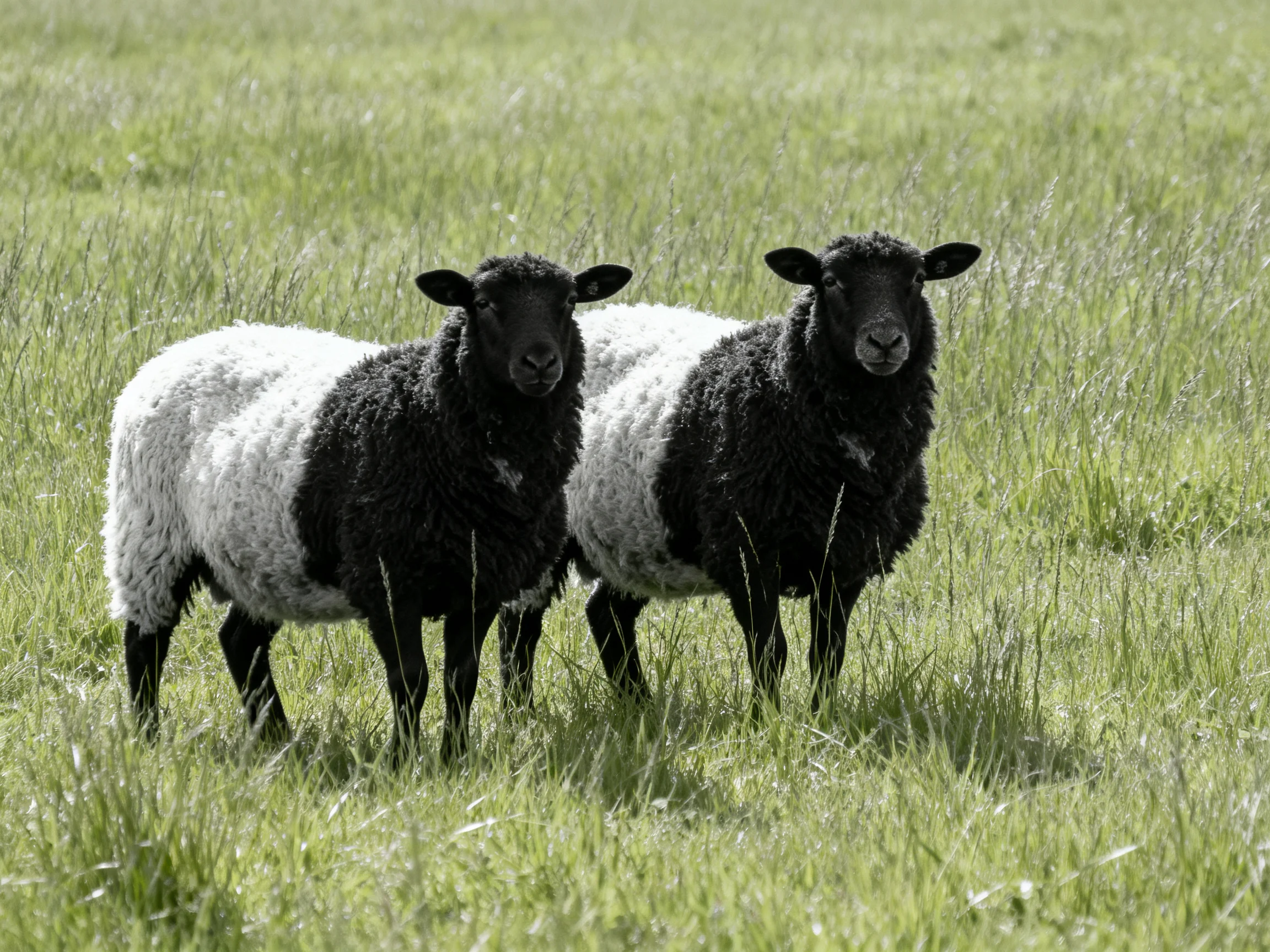 Two black-and-white sheep stand together in a sunlit green pasture.