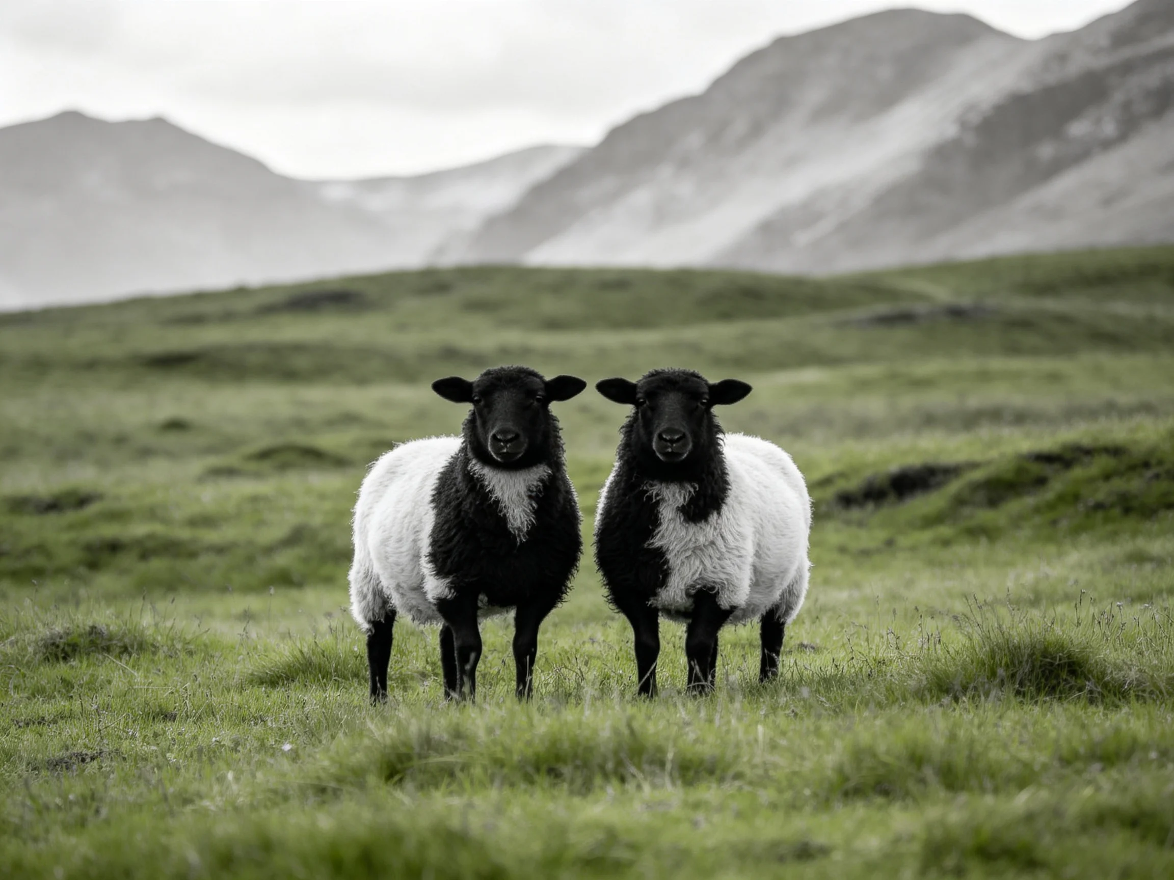 Two black-and-white sheep stand in a green meadow with distant mountains