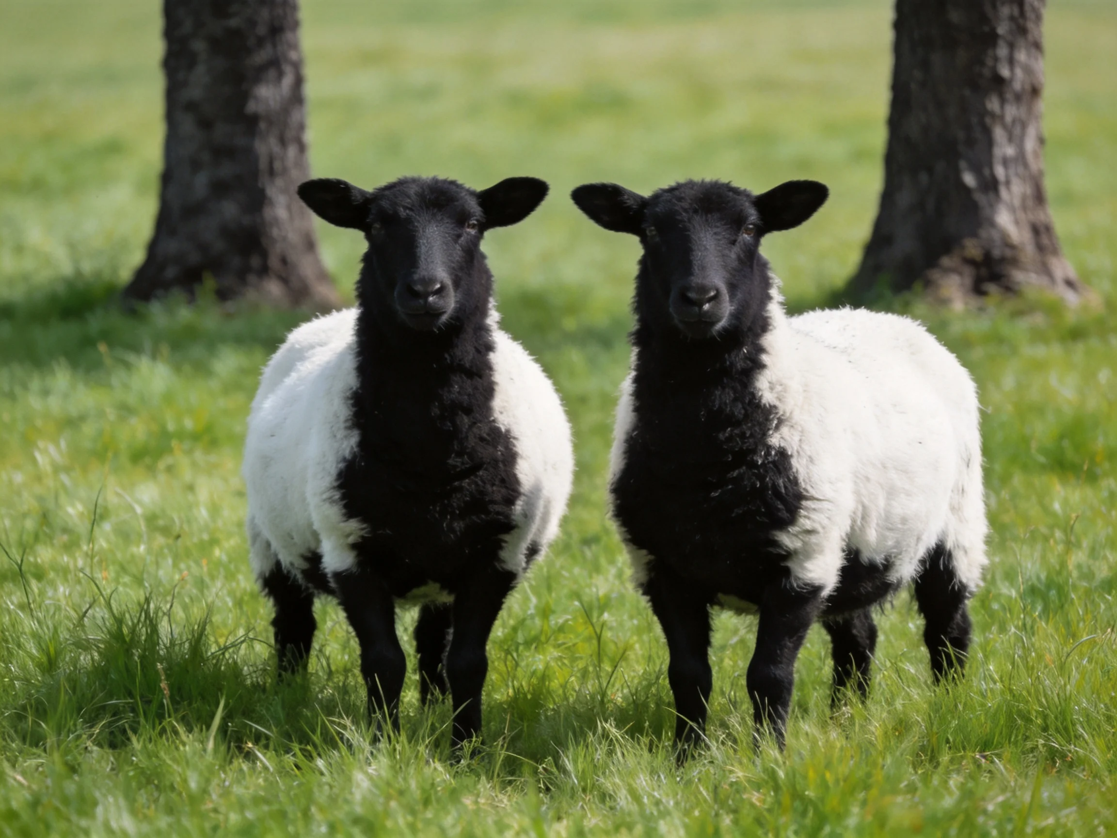 Two black - and - white sheep stand in a lush green meadow near trees