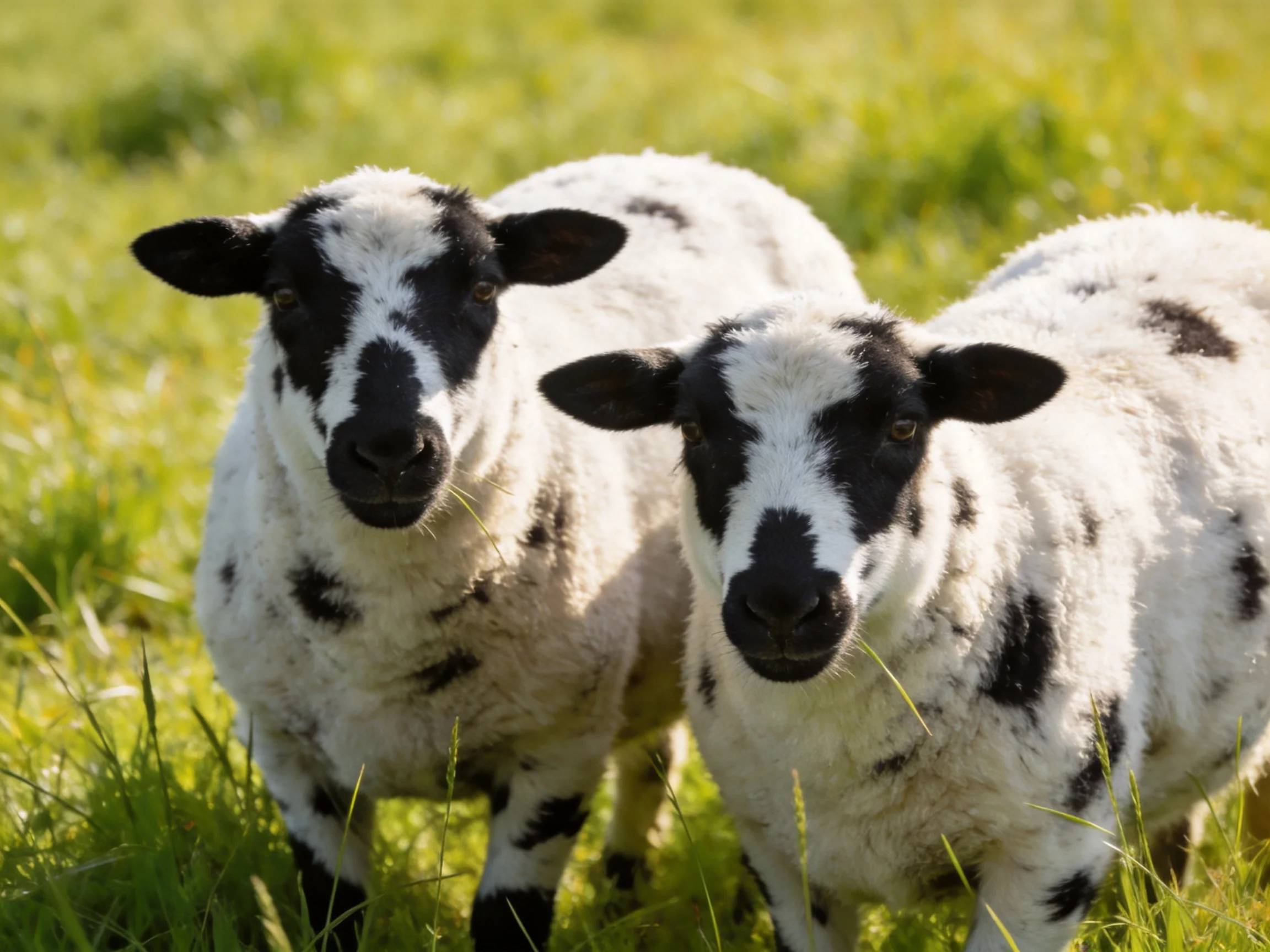 Two black-and-white spotted lambs in a grassy meadow