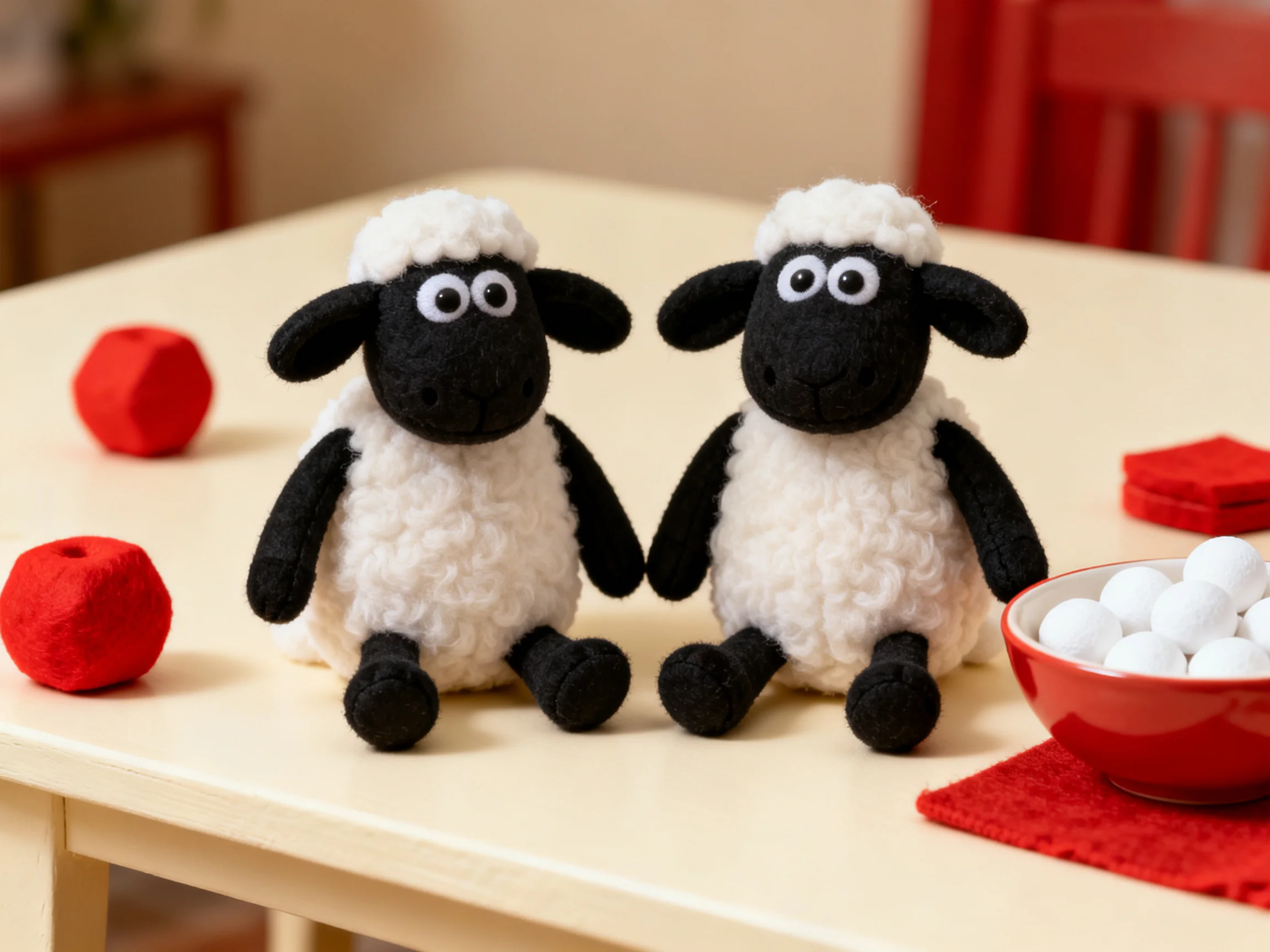 Two black-and-white stuffed sheep sit among red items and a bowl of white balls