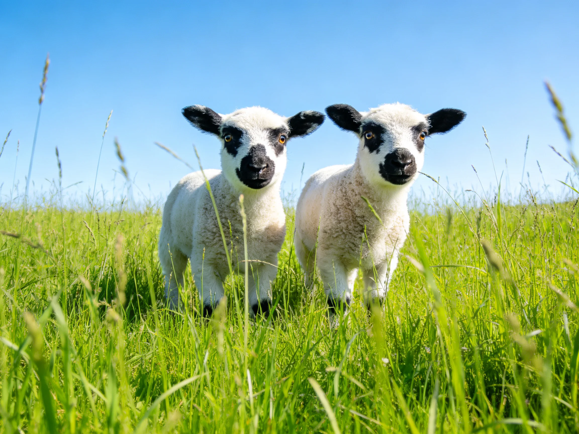 Two black-faced lambs in a sunlit green meadow