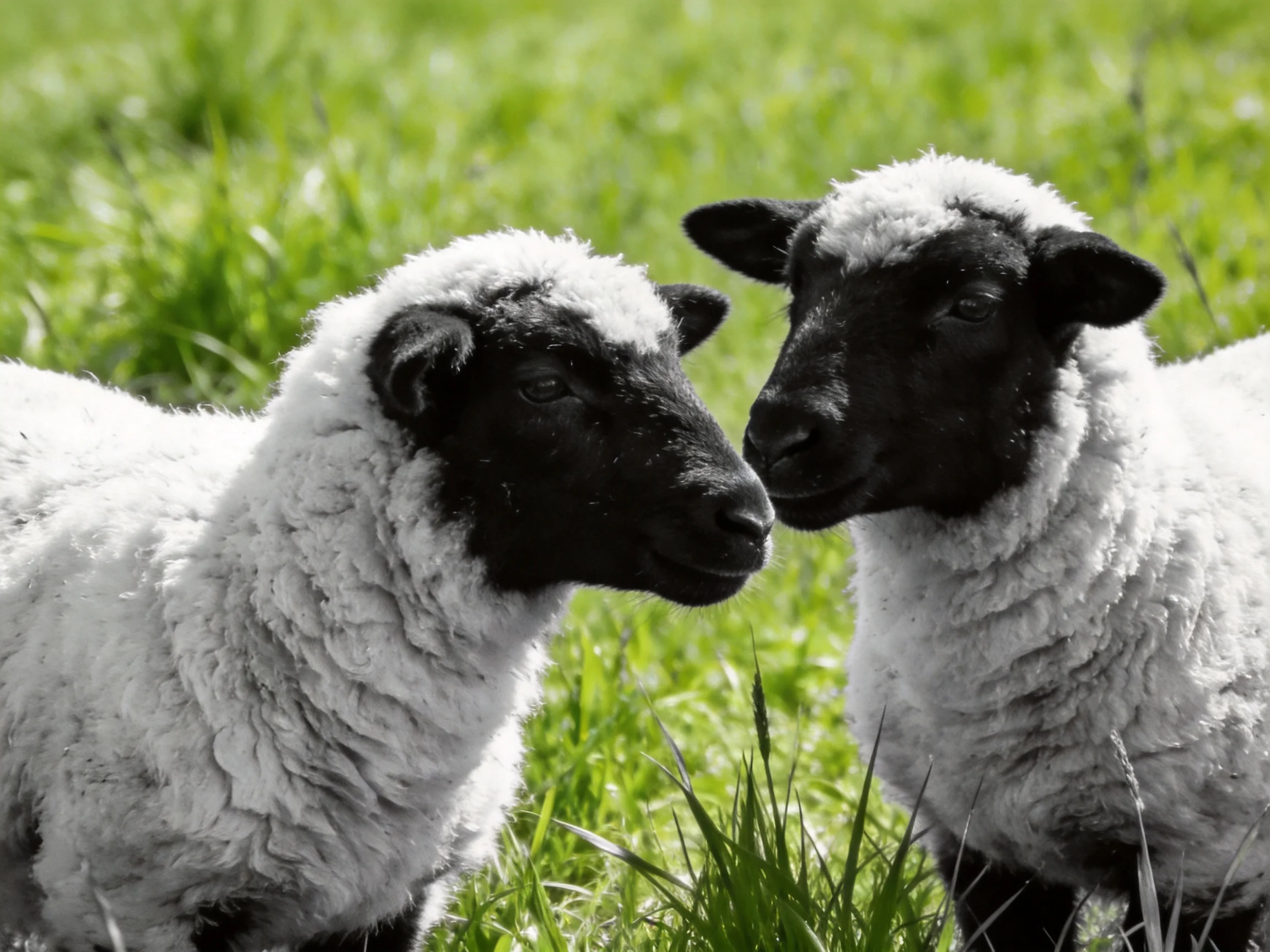 Two black-faced lambs nuzzle in a bright green pasture