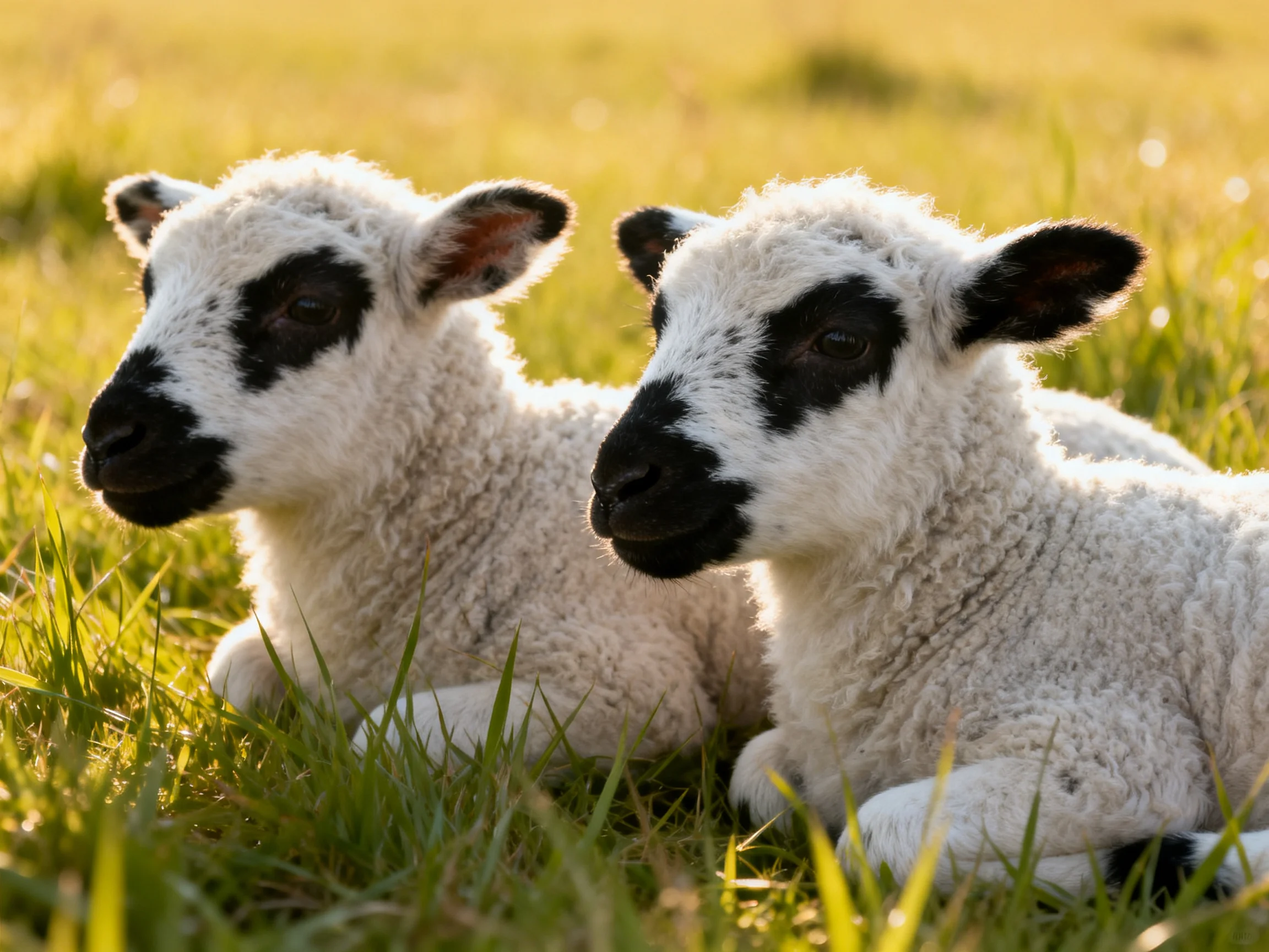Two black-faced lambs resting in golden grass