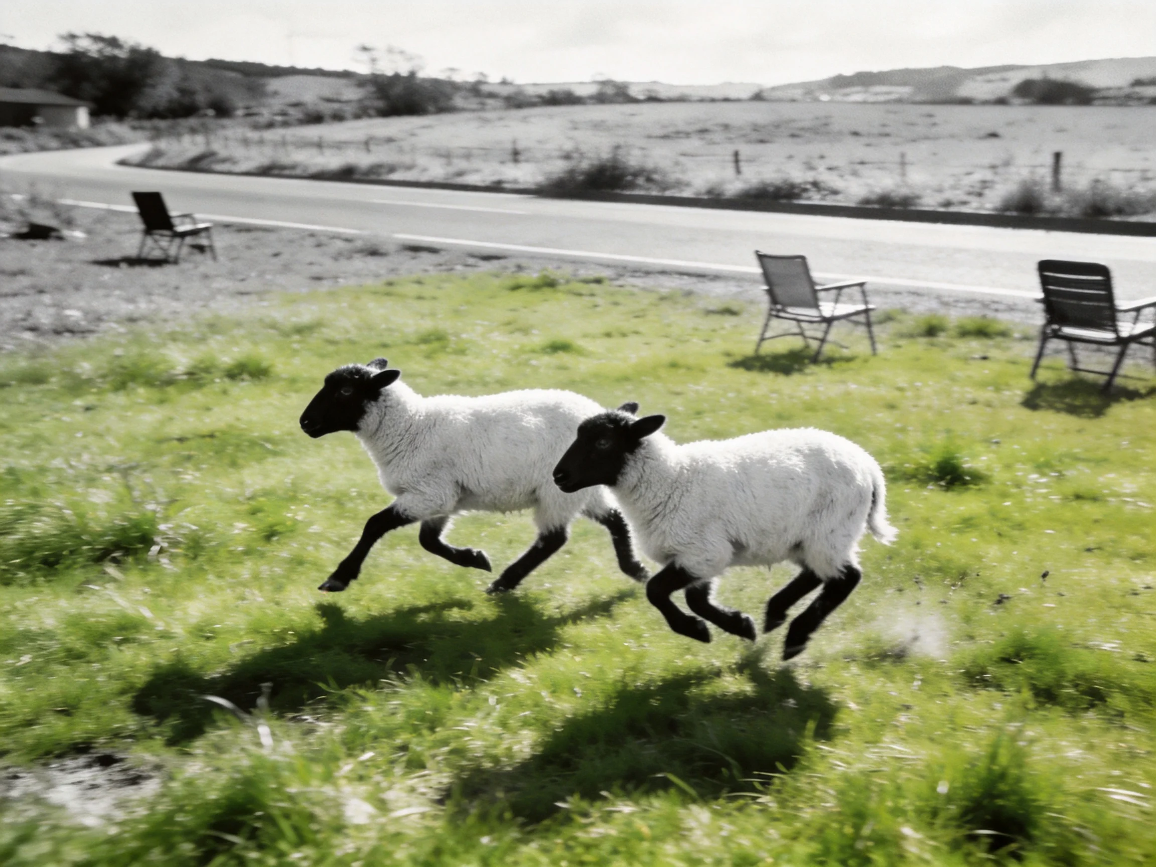 Two black-faced lambs sprint over lush grass near empty chairs and a curved road