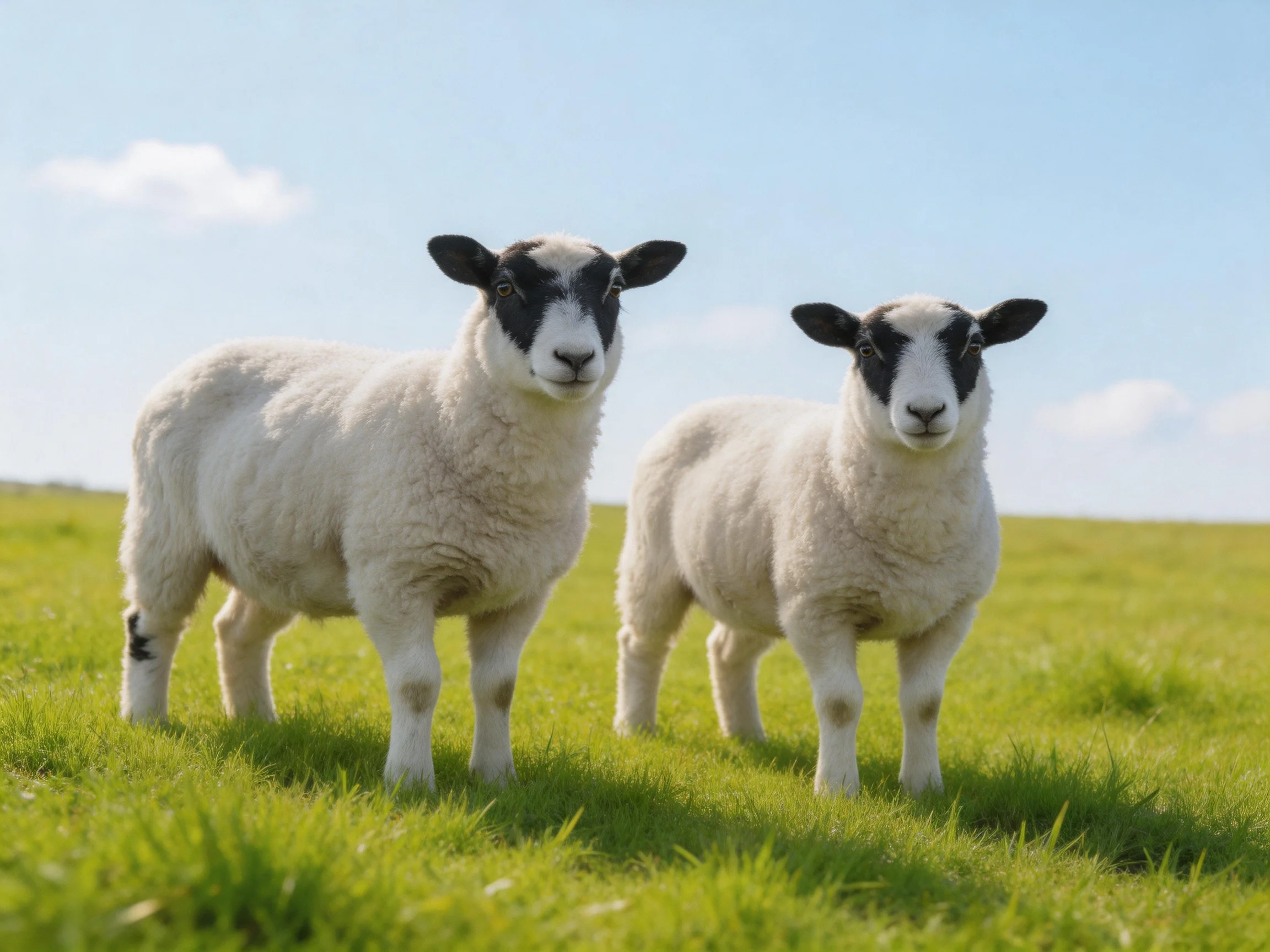 Two black-faced lambs stand in a sunlit green pasture