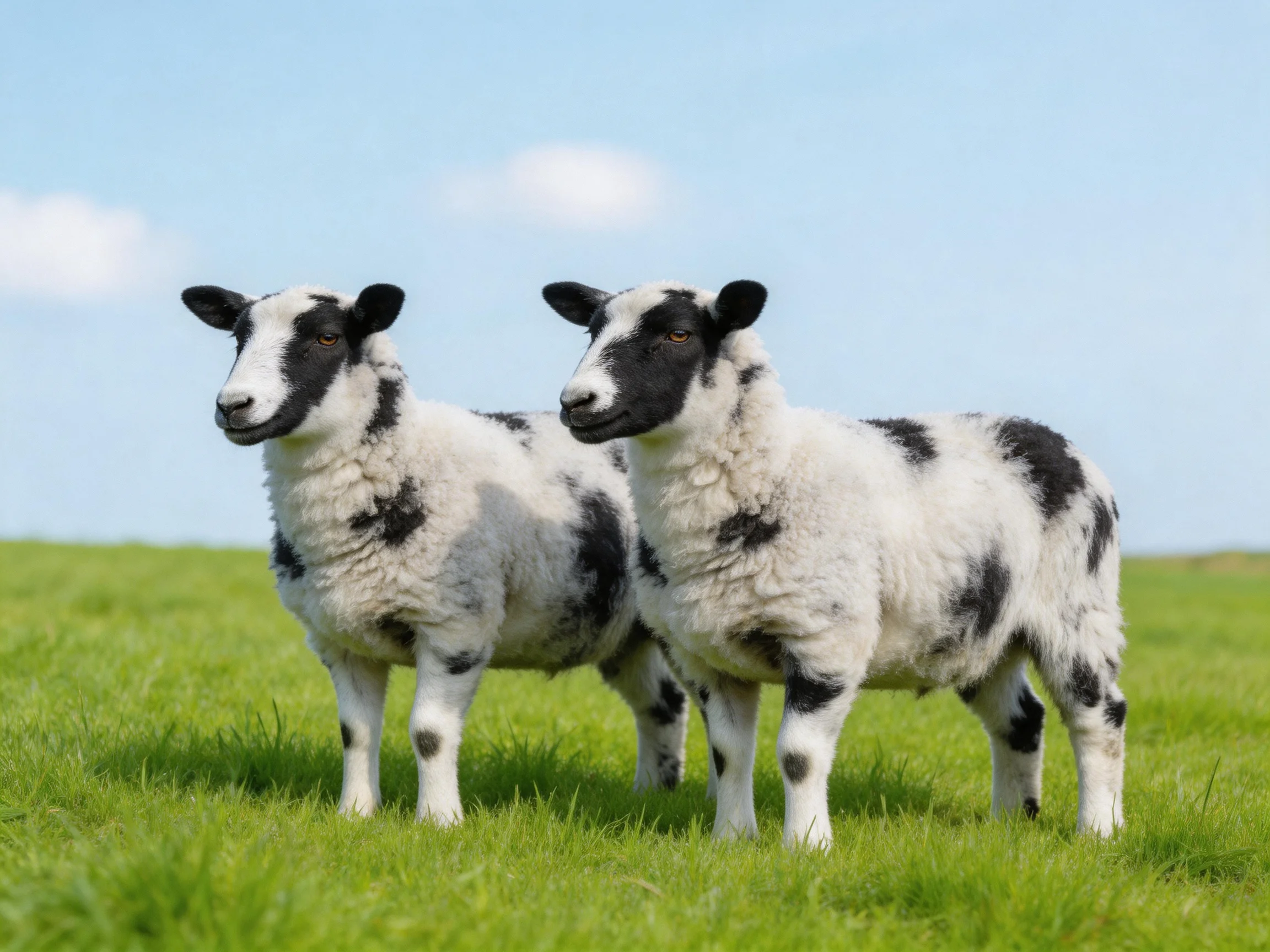 Two black-faced lambs with spotted coats stand in a green meadow under a blue sky