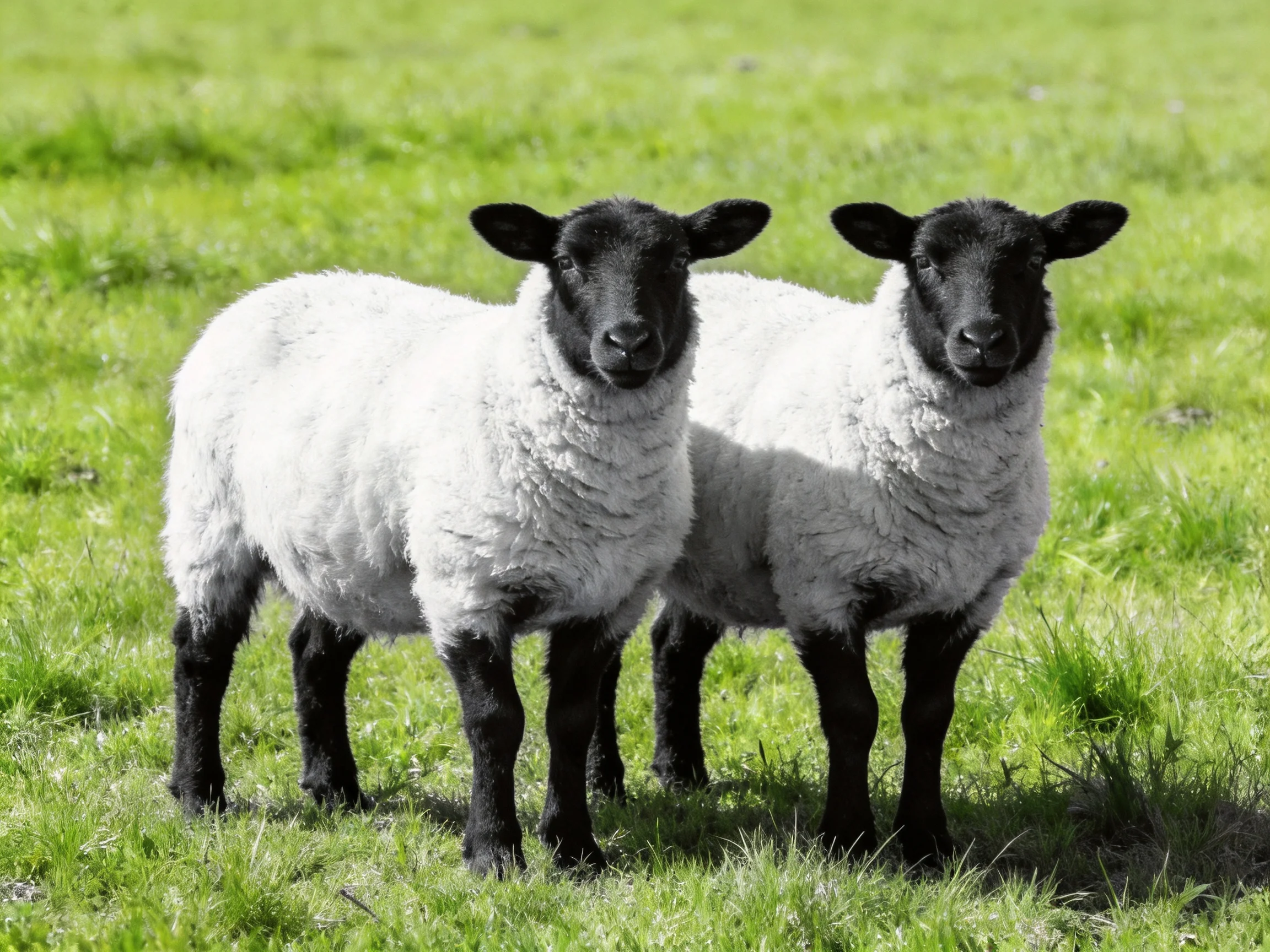 Two black-faced lambs with white wool stand in a sunlit green pasture