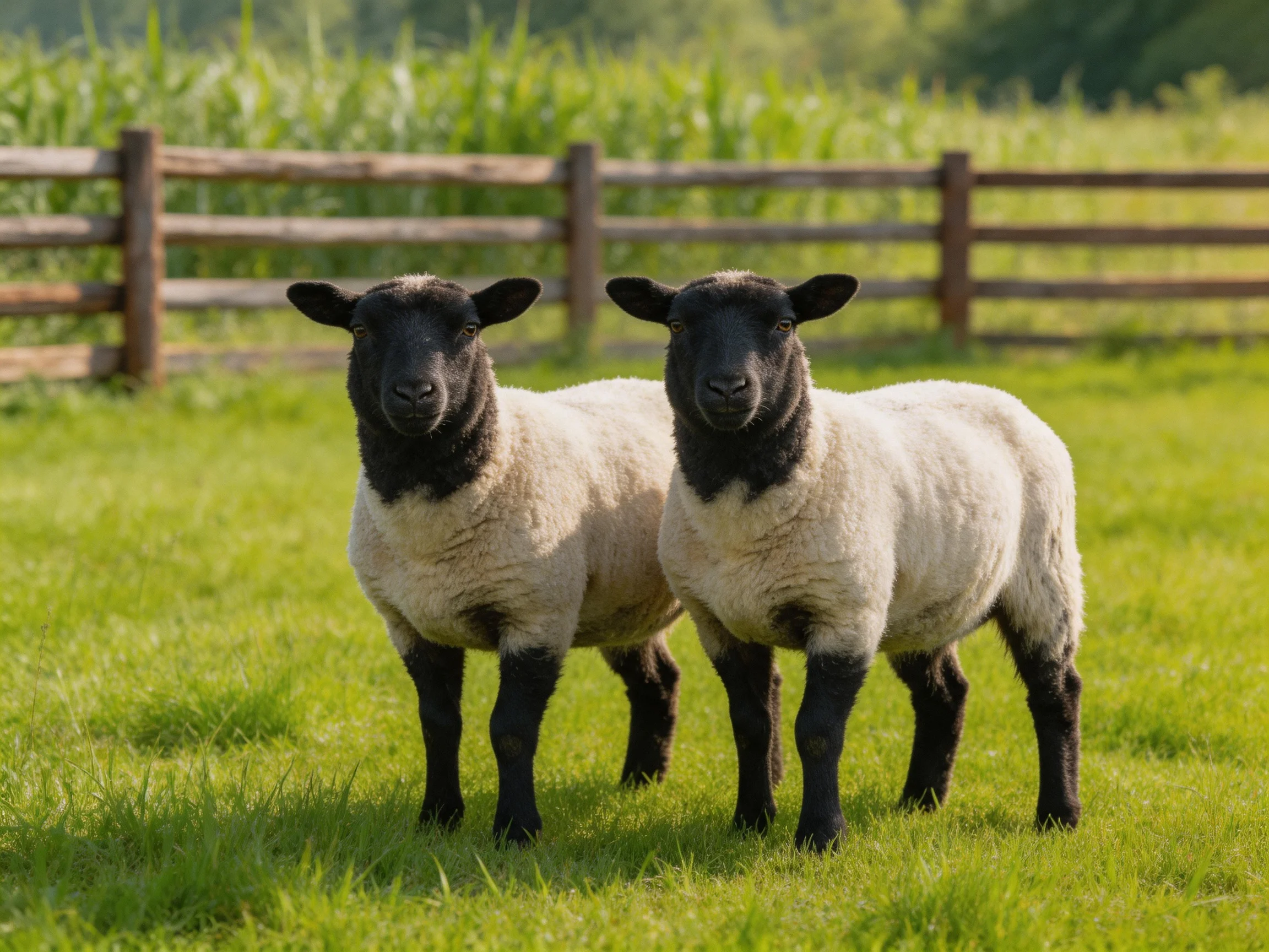 Two black-faced sheep in a green pasture near a wooden fence