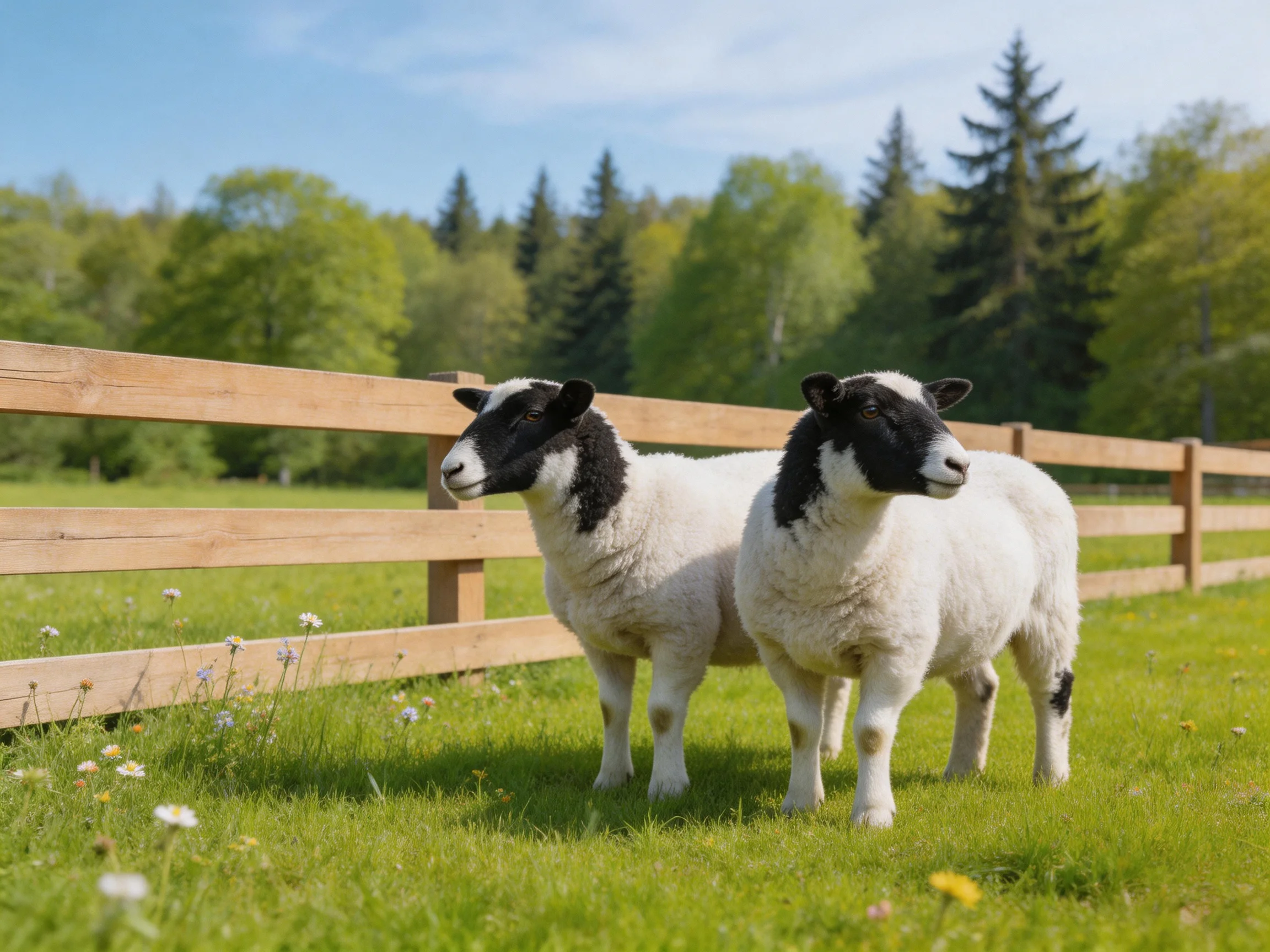 Two black-faced sheep near a wooden fence in a green pasture