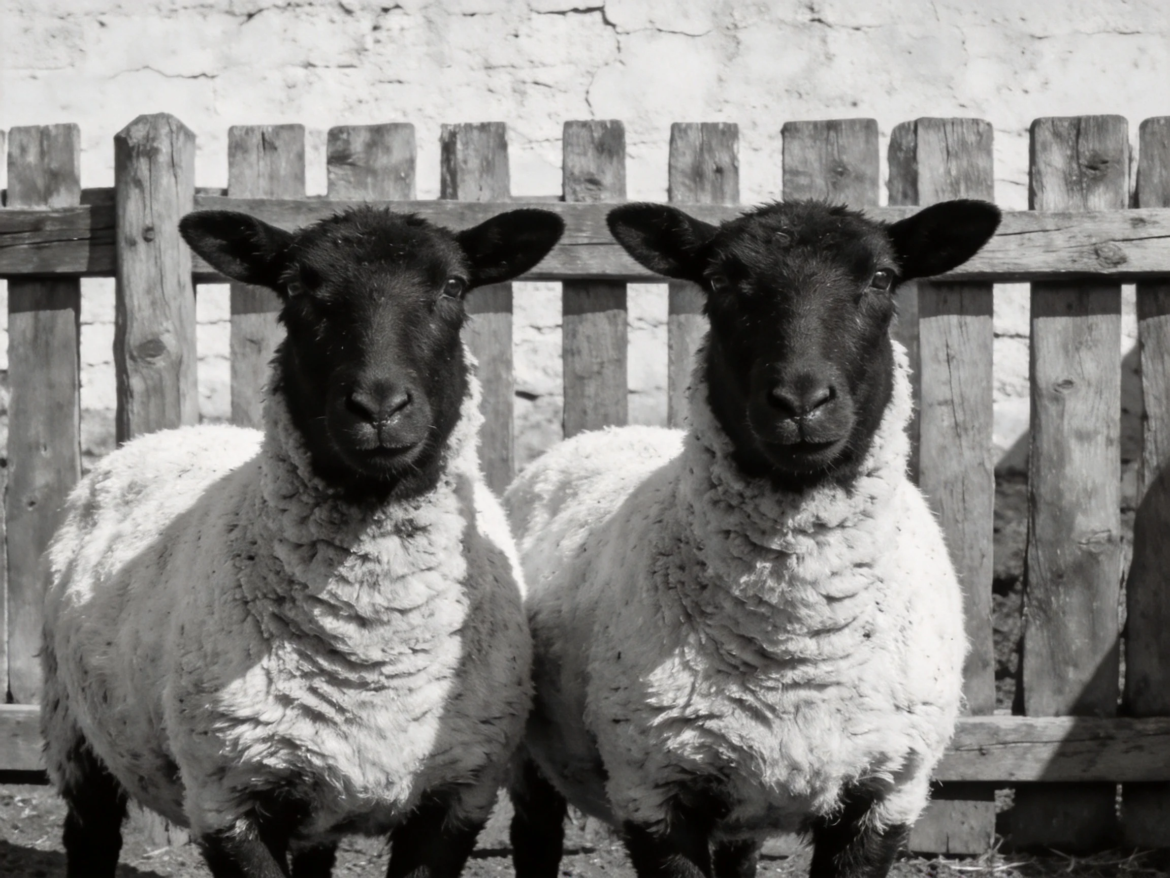 Two black-faced sheep stand beside a rustic wooden fence