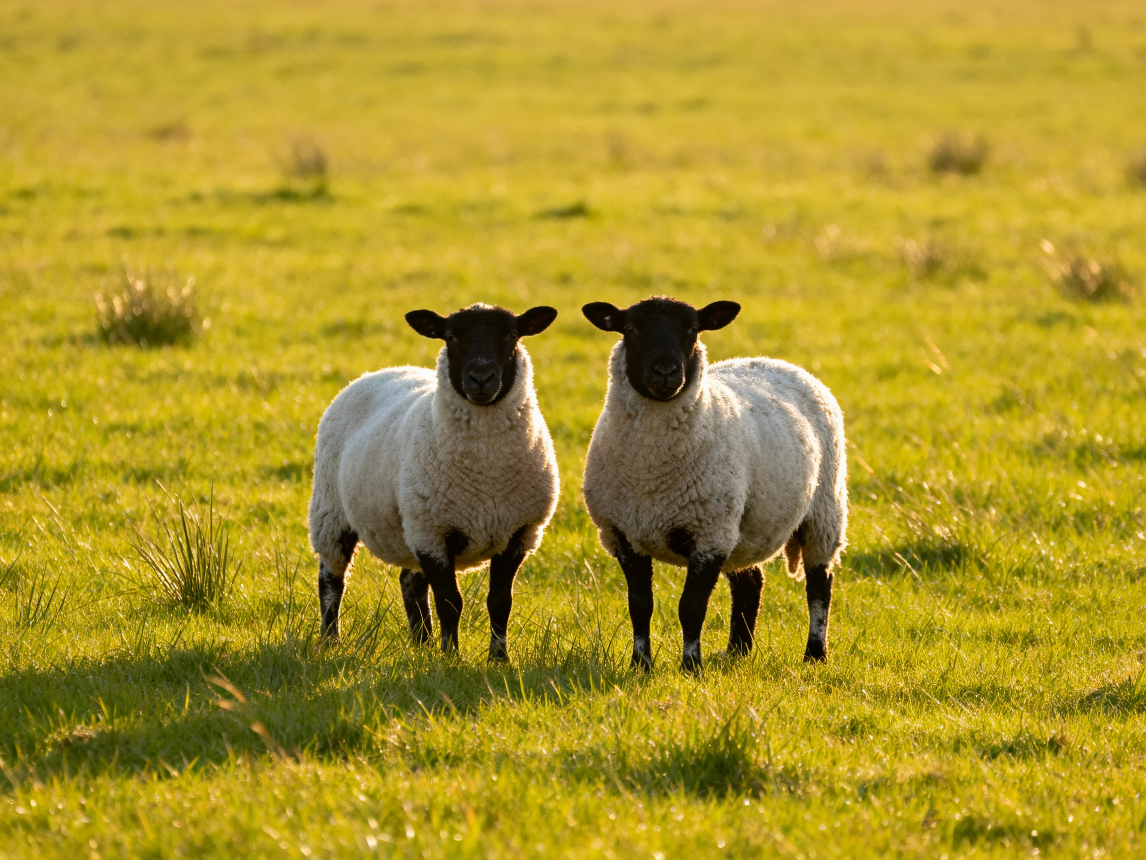 Two black-faced sheep stand in a golden-green pasture