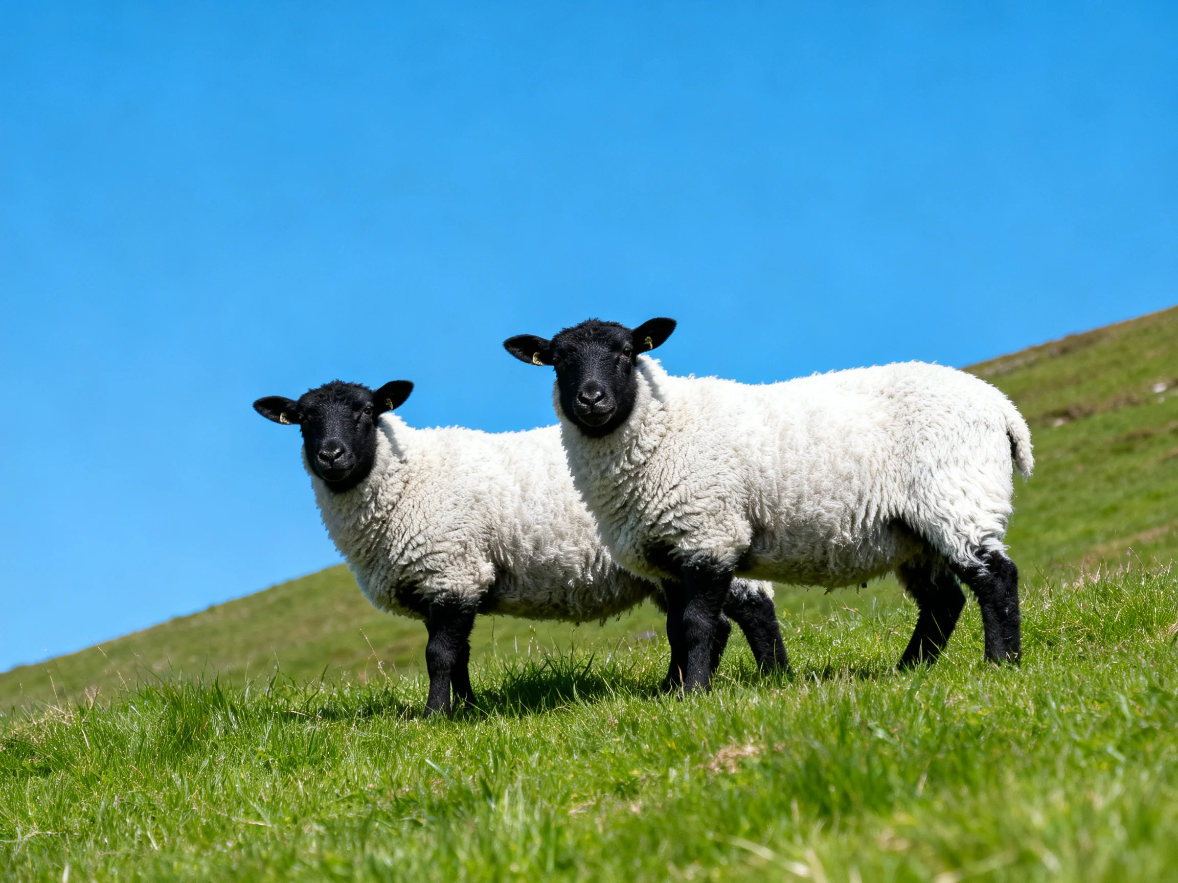 Two black-faced sheep stand on a lush green hillside under clear blue sky