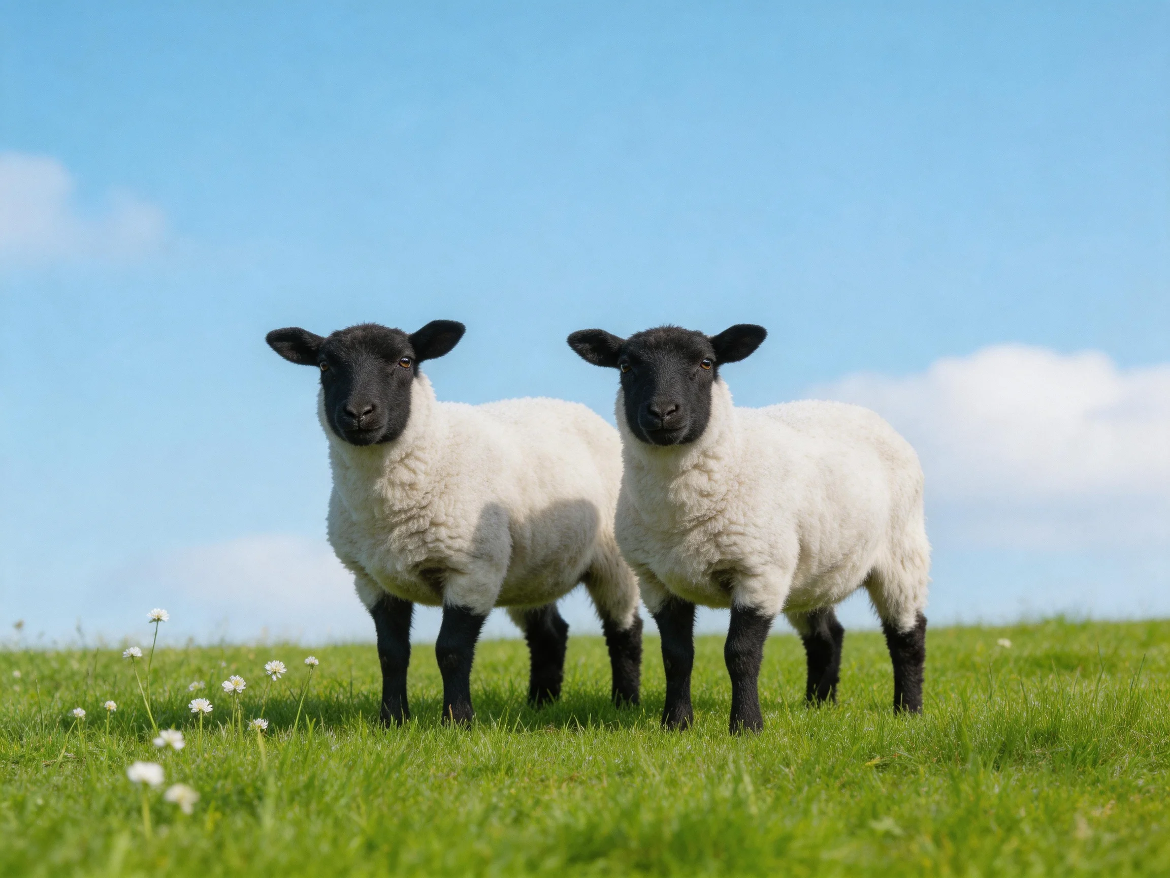 Two black-faced sheep stand on lush green grass under clear blue sky
