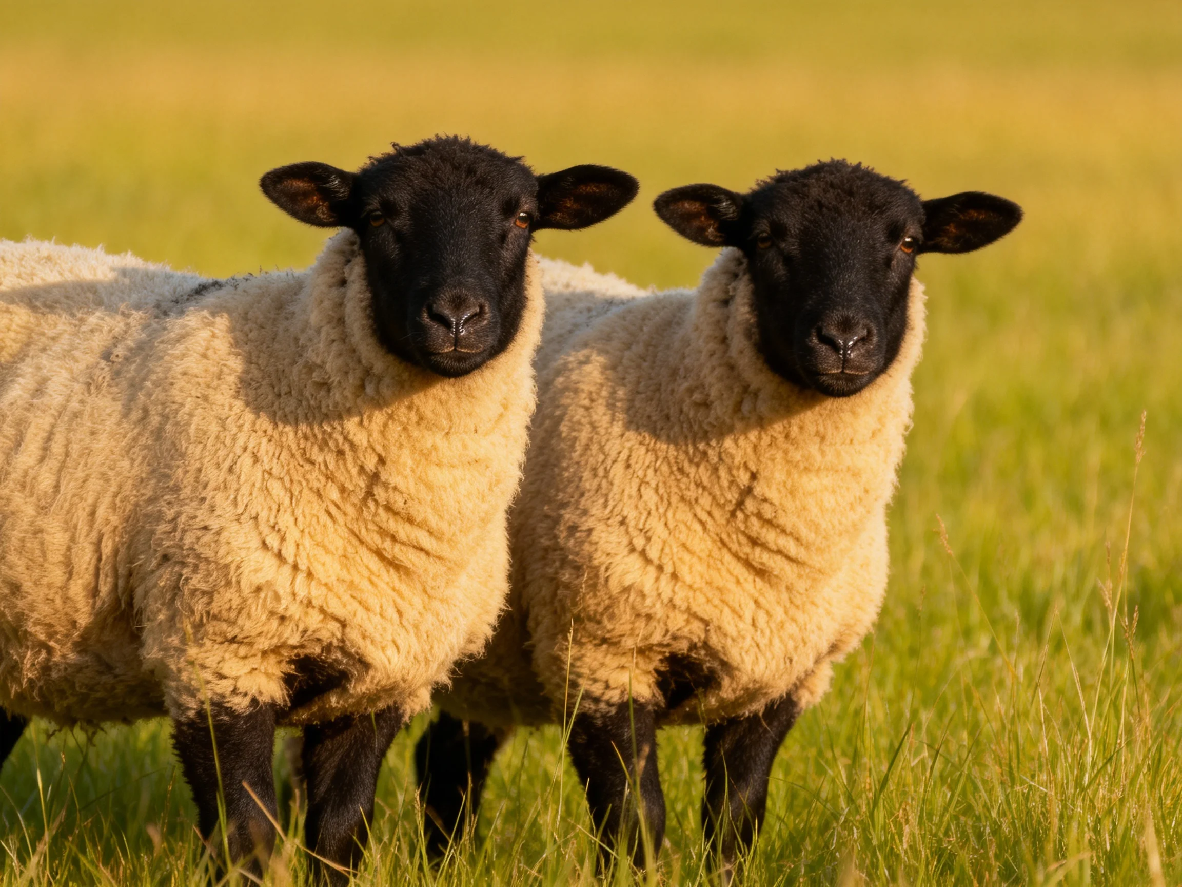 Two black-faced sheep with cream wool in a green meadow