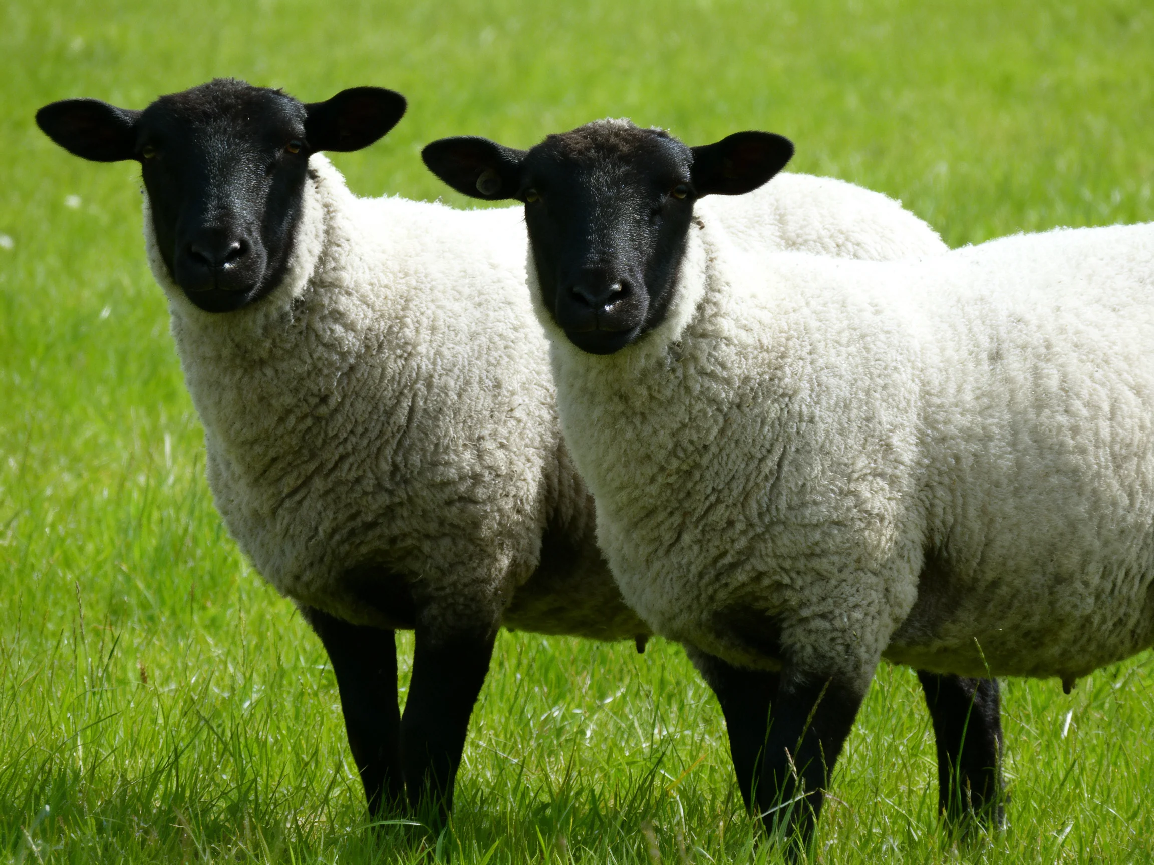 Two black-faced sheep with thick white wool stand in a green field