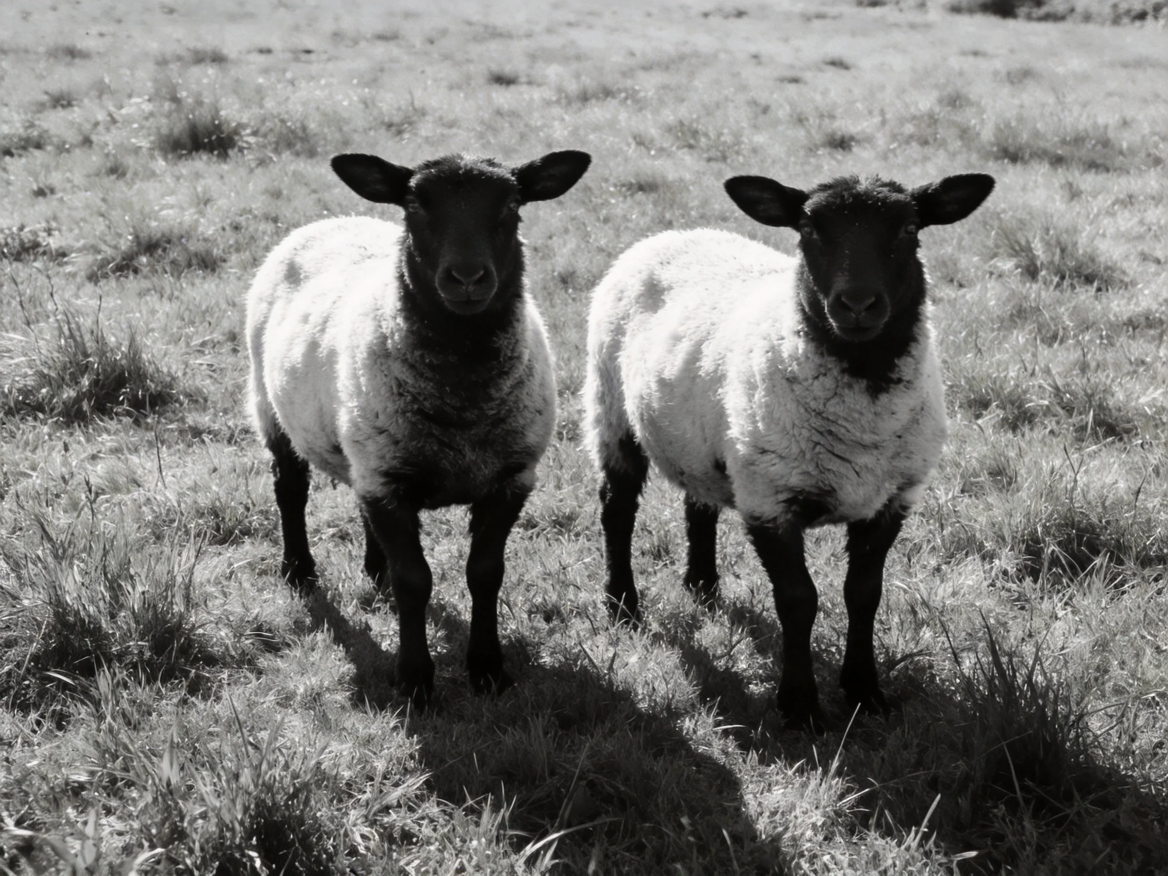 Two black-faced sheep with white wool stand in a grassy field