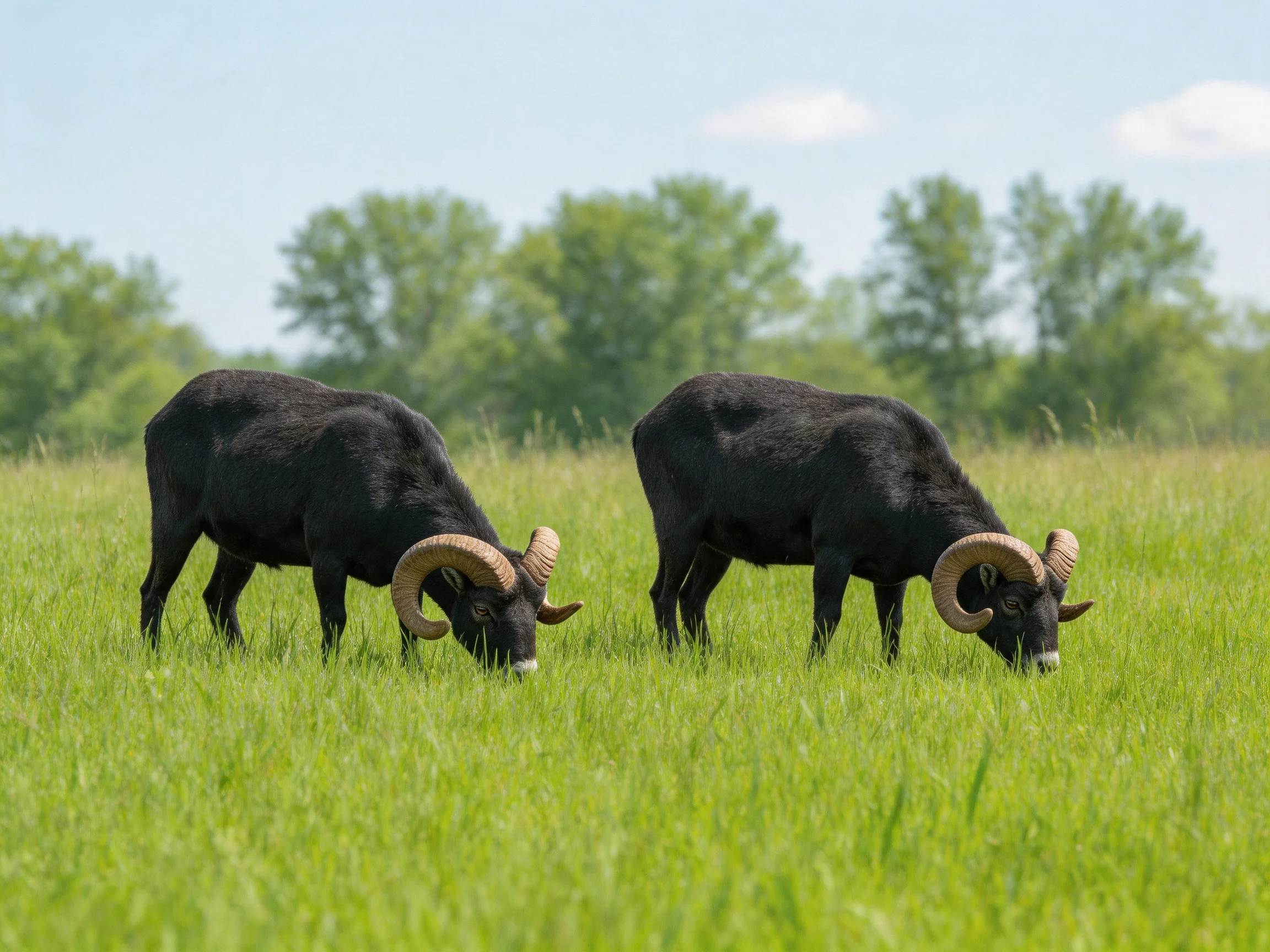Two black horned animals graze in a lush green meadow